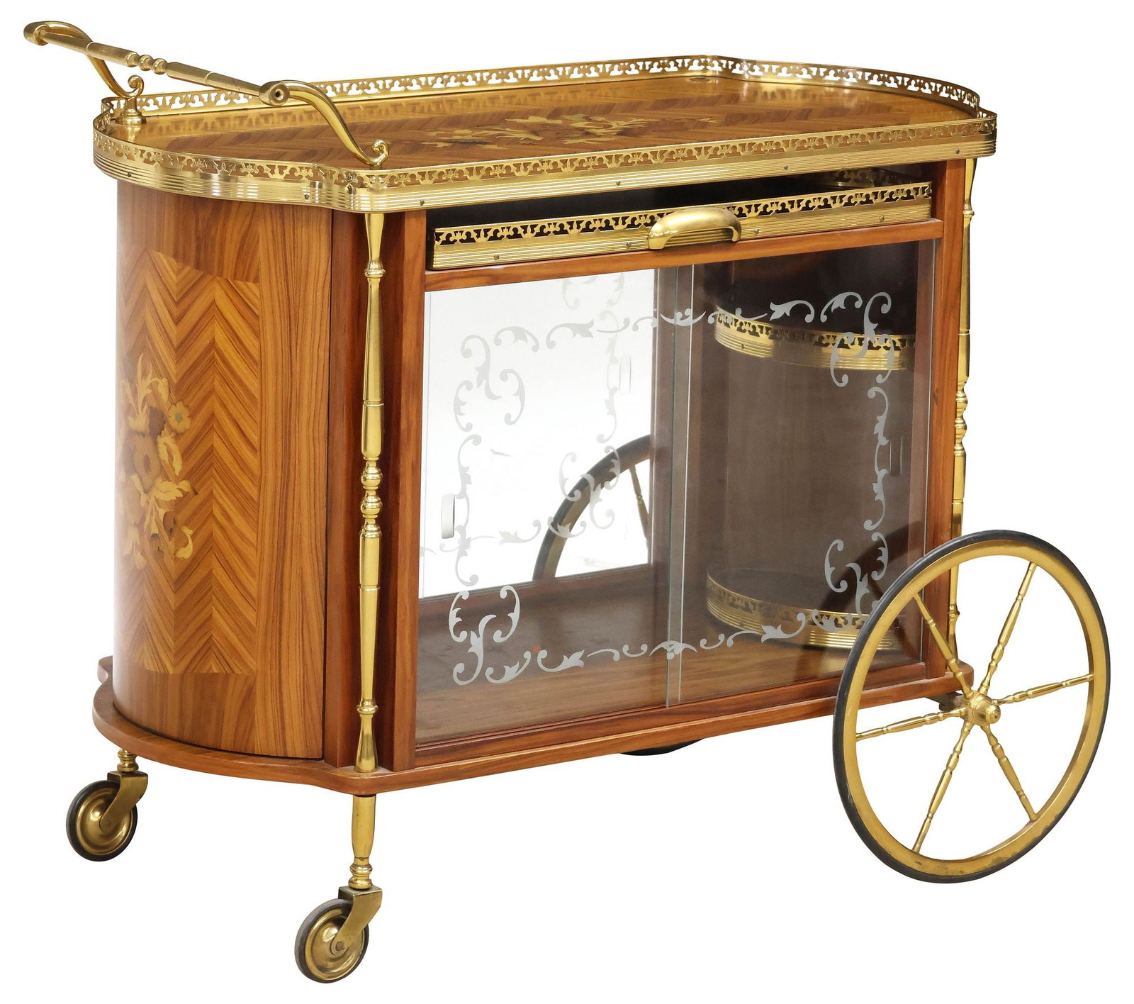 UNUSUAL FRENCH POLYCHROME MARQUETRY & ETCHED GLASS SERVICE CART (1 of 9)