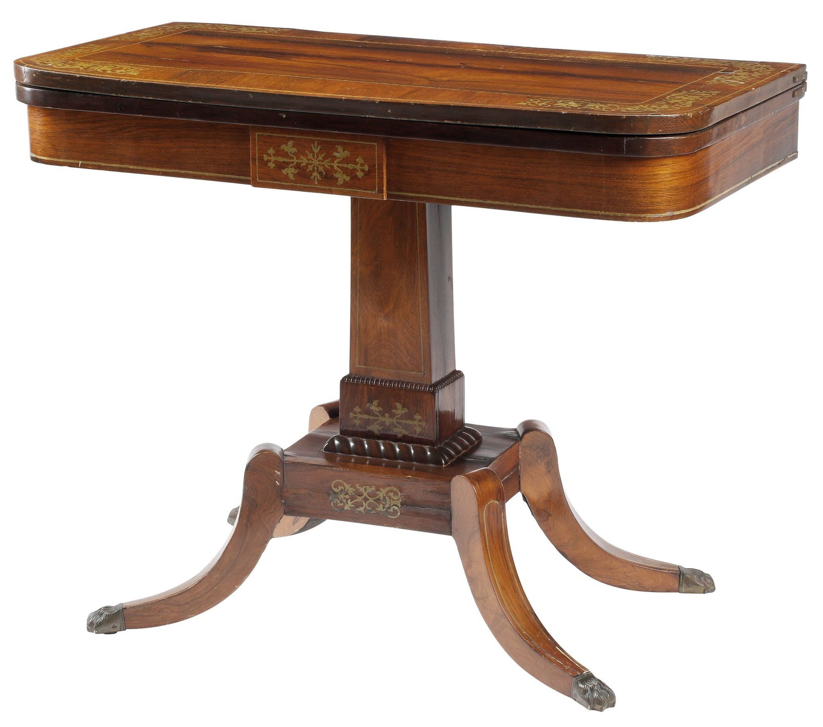 REGENCY STYLE BRASS MARQUETRY-INLAID FLIP-TOP CARD TABLE (1 of 5)