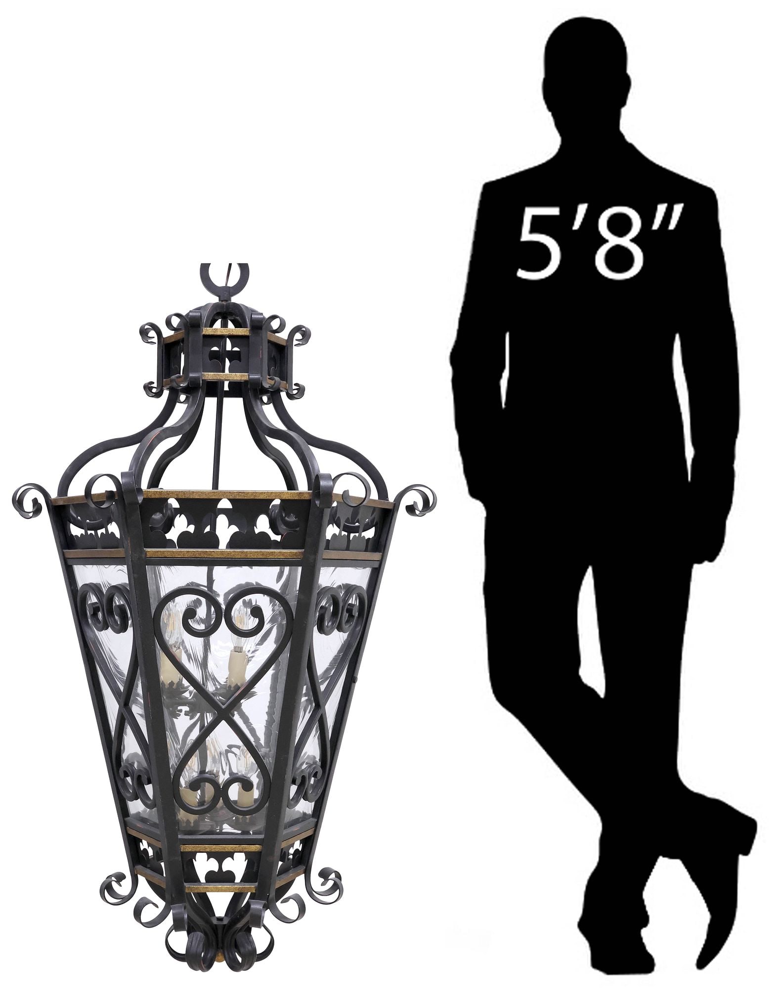 LARGE WROUGHT IRON & GLASS 8-LIGHT HEXAGONAL LANTERN, 53"H (1 of 4)