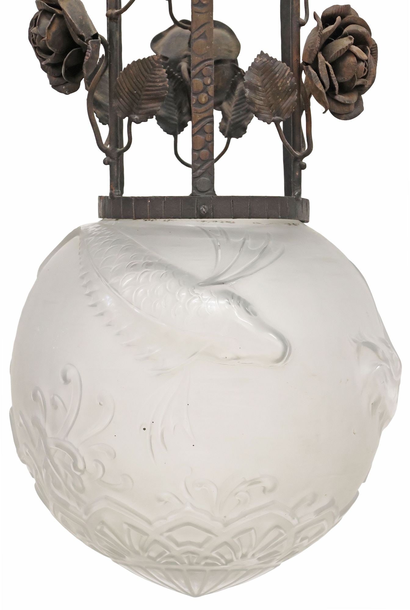FRENCH ART DECO WROUGHT IRON & SATIN GLASS HANGING LAMP (1 of 6)