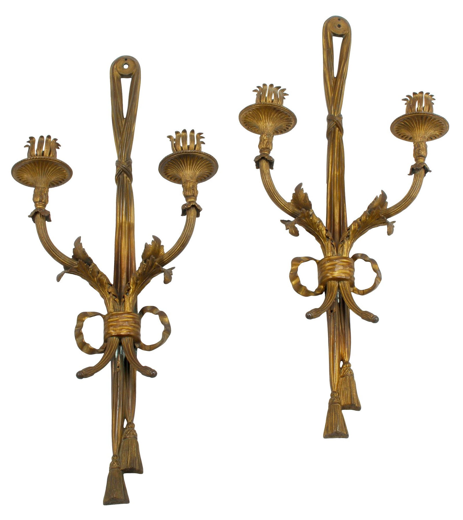 (2) LOUIS XV STYLE ORMOLU TWO-LIGHT TASSEL SCONCES: (pair) Louis XV style bronze dore two-light sconces, each having two-foliated arms, on ribbon-tied backplate with tassel terminals, approx 29"h, 13.5"w, 5.5"d, 16lbs