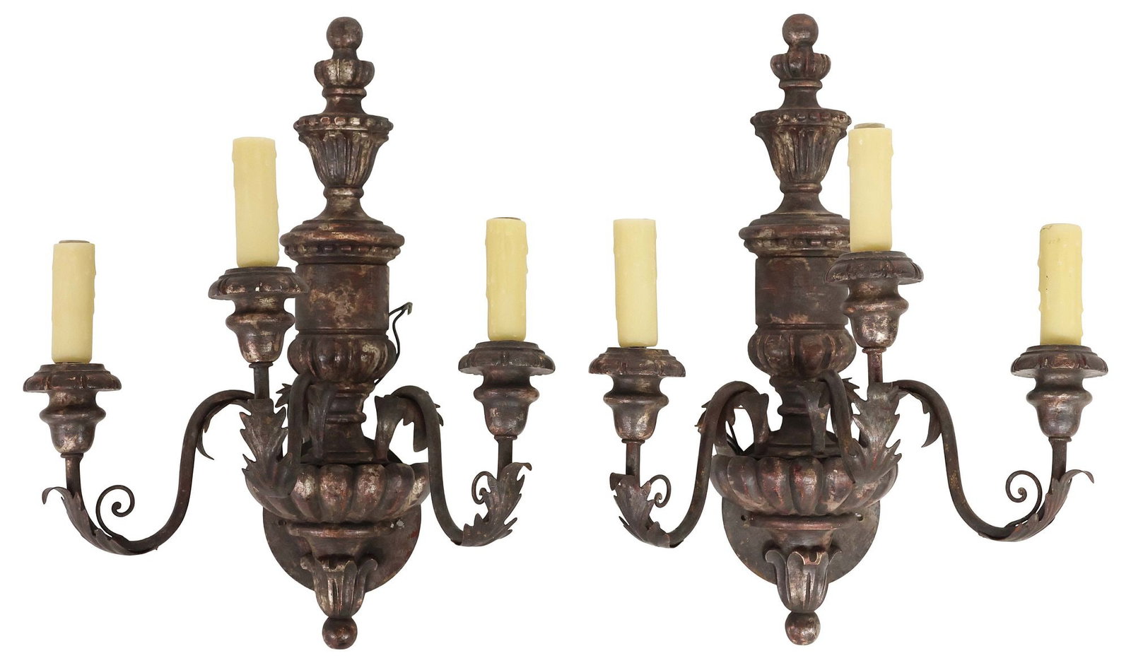 (2) LARGE CONTINENTAL CARVED SILVER GILT 3-LIGHT WALL SCONCES: (pair) Continental carved wood three-light wall sconces, 20th c., in a silver-gilt finish, each having fluted finial, over three scrolling metal arms, terminating on bobeches with faux candles, in nee
