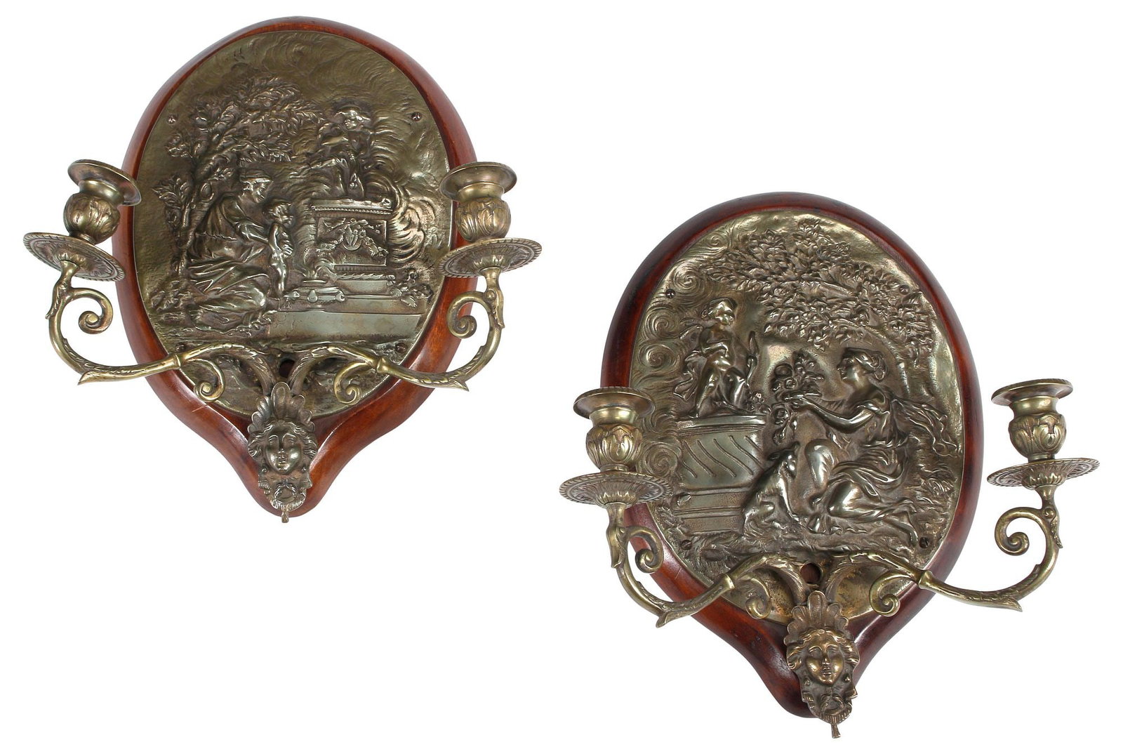 (2) REGENCE STYLE SILVERED BRONZE RELIEF PLAQUE 2-LIGHT WALL SCONCES (1 of 5)