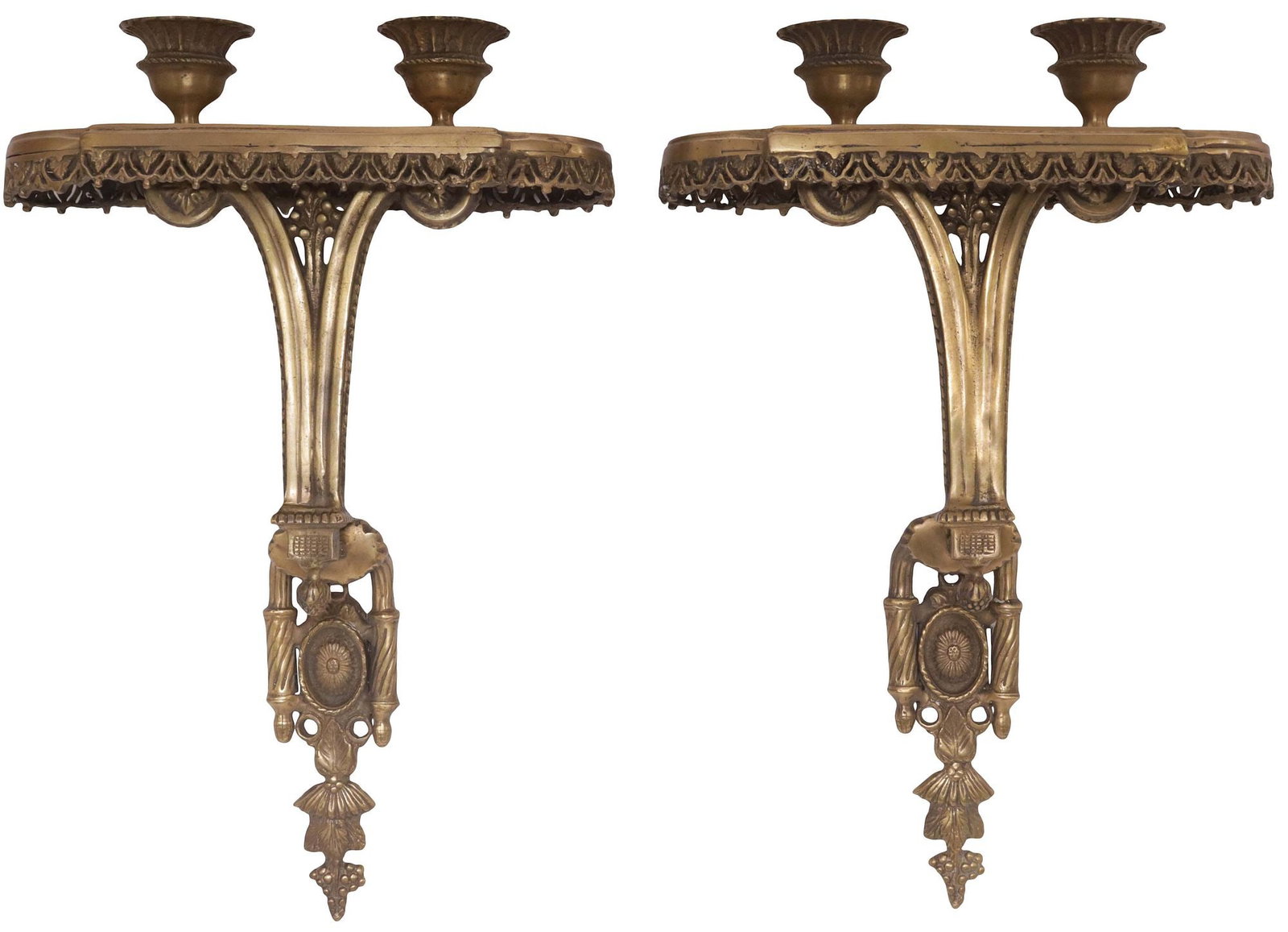 (2) STYLE OF FRANCIOS REMOND (D.1812) LOUIS XVI STYLE BRONZE CANDLE SCONCES: (pair) French Louis XV style patinated bronze two-light candle sconces, after the original by Francois Remond (French, c.1747-1812), supplied by Dominique Deaguerre, each with oval platform and scallo