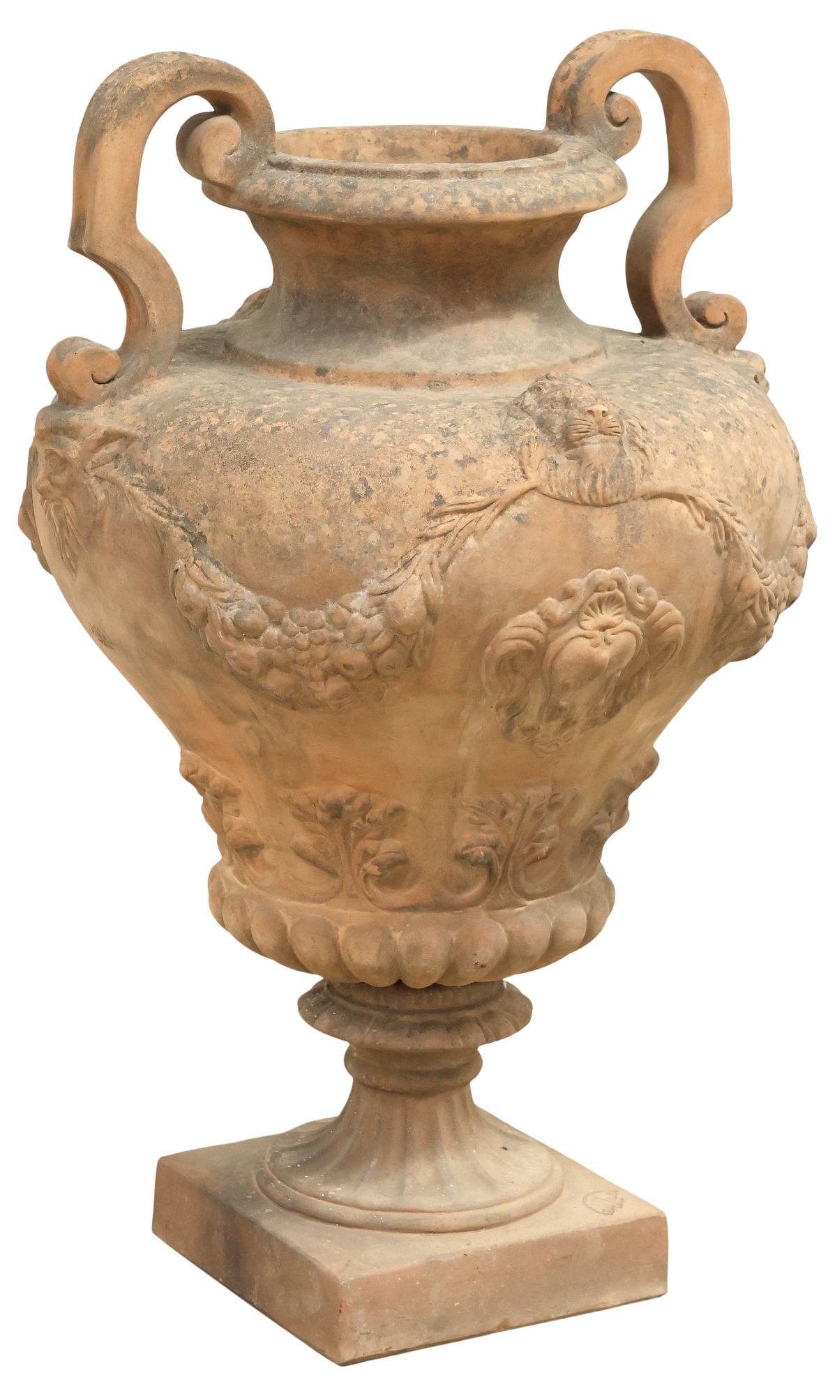 LARGE ORNATE ITALIAN RELIEF DECORATED TERRACOTTA GARDEN URN/ PLANTER (1 of 6)
