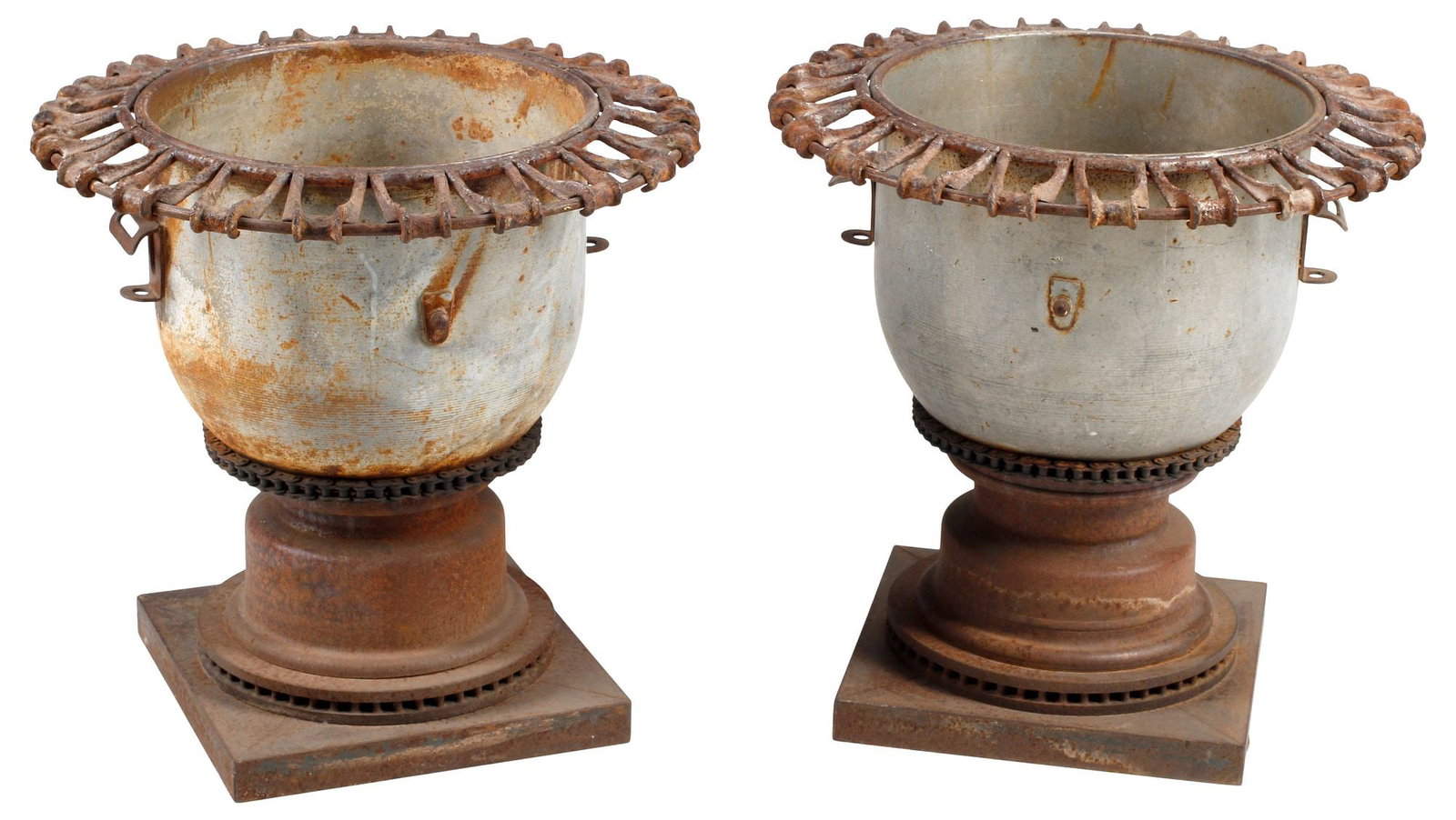 (2) INDUSTRIAL STYLE ASSEMBLED IRON & RECLAIMED METAL GARDEN URNS: (pair) Industrial style wrought iron and oxidized metal garden urns, upcycled from reclaimed parts, each having pierced rim, above rounded basin with roller chain trim, on square socle, approx 18.5"h,