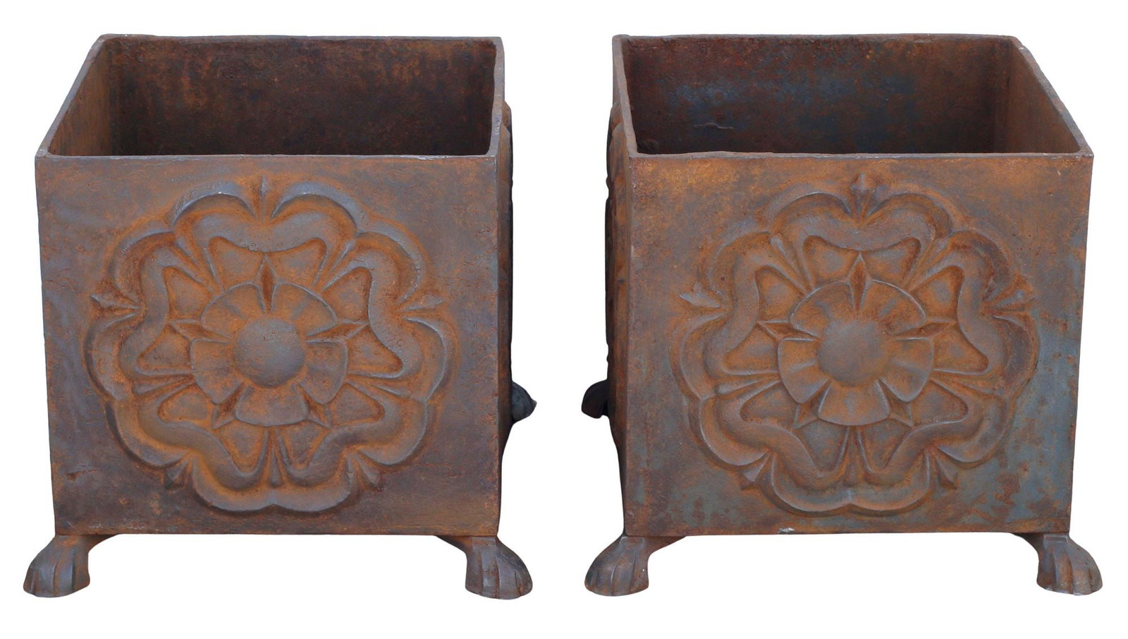 (2) OXIDIZED CAST IRON SQUARE GARDEN PLANTERS ON PAW FEET (1 of 5)