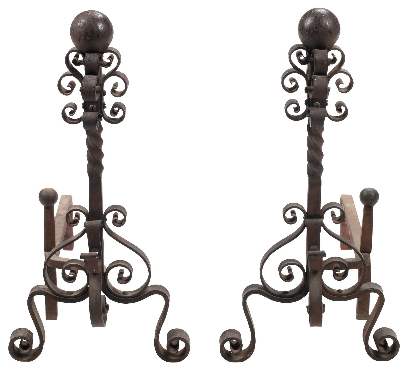 (2) BAROQUE STYLE SCROLLED WROUGHT IRON ANDIRONS (1 of 4)