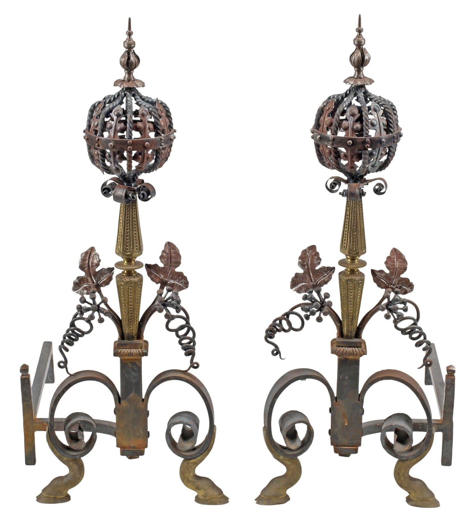 (2) RENAISSANCE STYLE IRON FIREPLACE CHENETS / ANDIRONS ON HOOF FEET, 33"H (1 of 4)