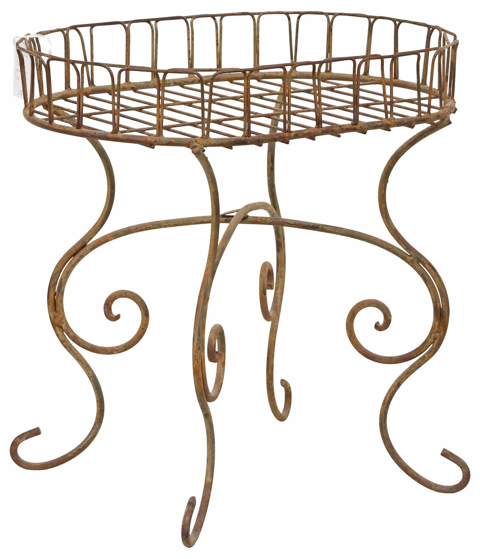 CONTINENTAL SCROLLED WROUGHT IRON STANDING PLANTER / JARDINIERE: Continental wrought iron standing jardiniere/ planter, 20th c., having openwork basin, on scrolled quadripartite supports, approx 28"h, 28.75"w, 20"d **Provenance: Dallas, Texas: When the madness of c