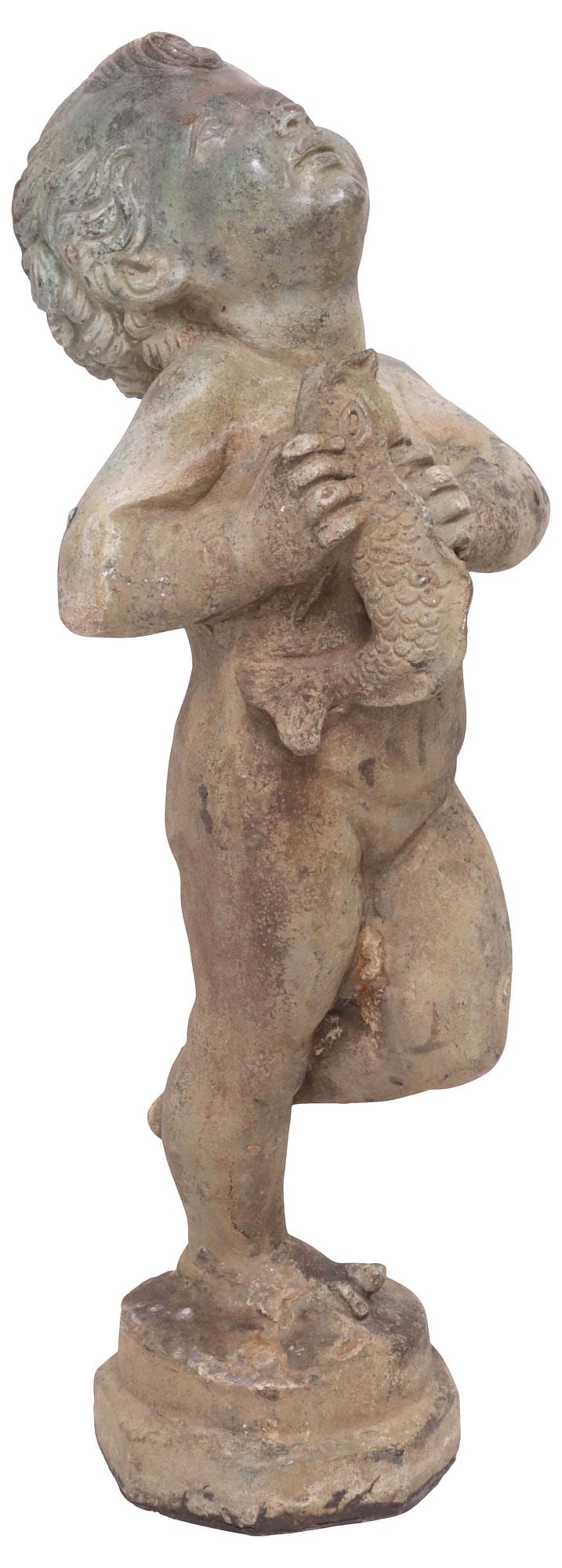 SMALL CAST METAL FIGURAL GARDEN FOUNTAIN, PUTTO WITH FISH (1 of 5)