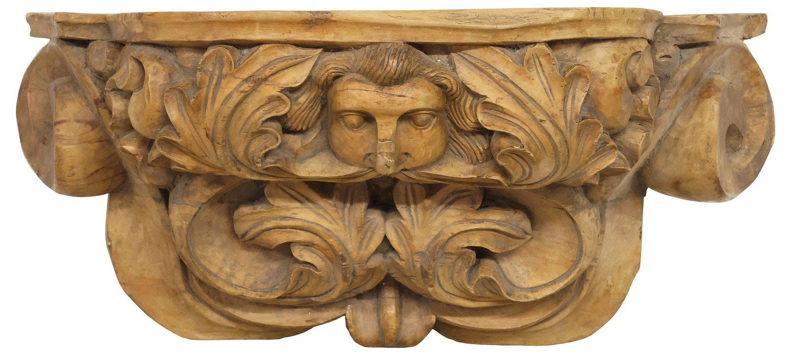 LARGE ARCHITECTURAL CARVED WOOD PUTTO MASK WALL BRACKET / SHELF, 31"W (1 of 4)