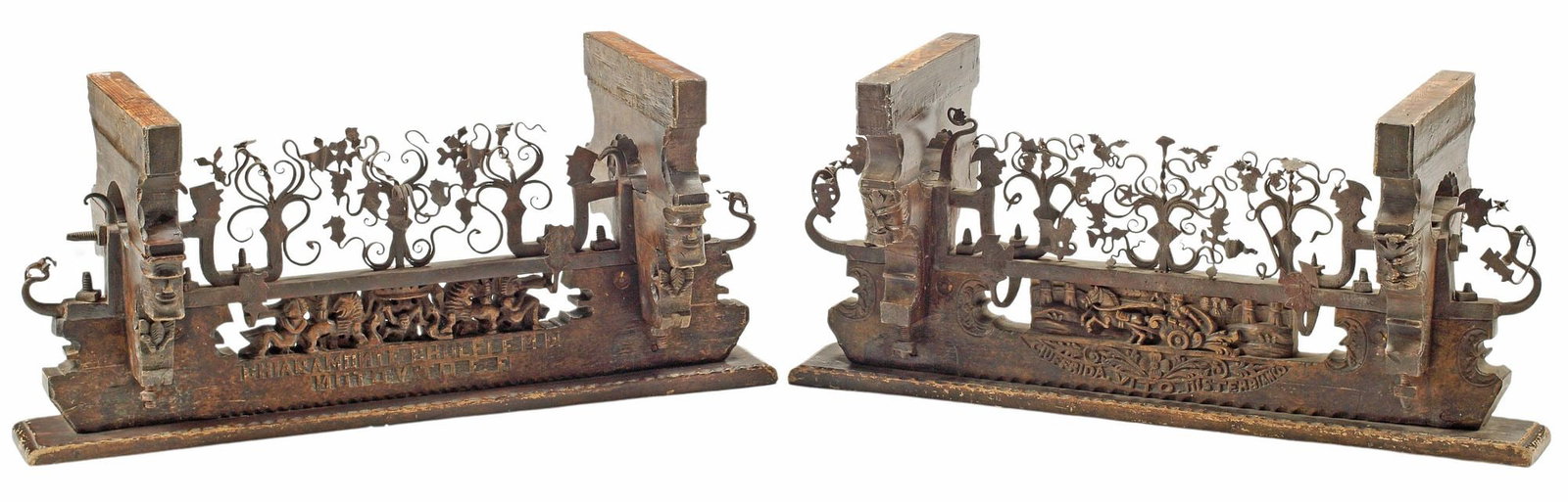 (2) ITALIAN CARVED WOOD & WROUGHT IRON ELEMENTS / TABLE BASES: (lot of 2) Italian wrought iron and carved wood elements, likely fashioned from a cart, each having shaped support with mask-form ends, wrought iron scrollwork depicting various animal motifs, above f
