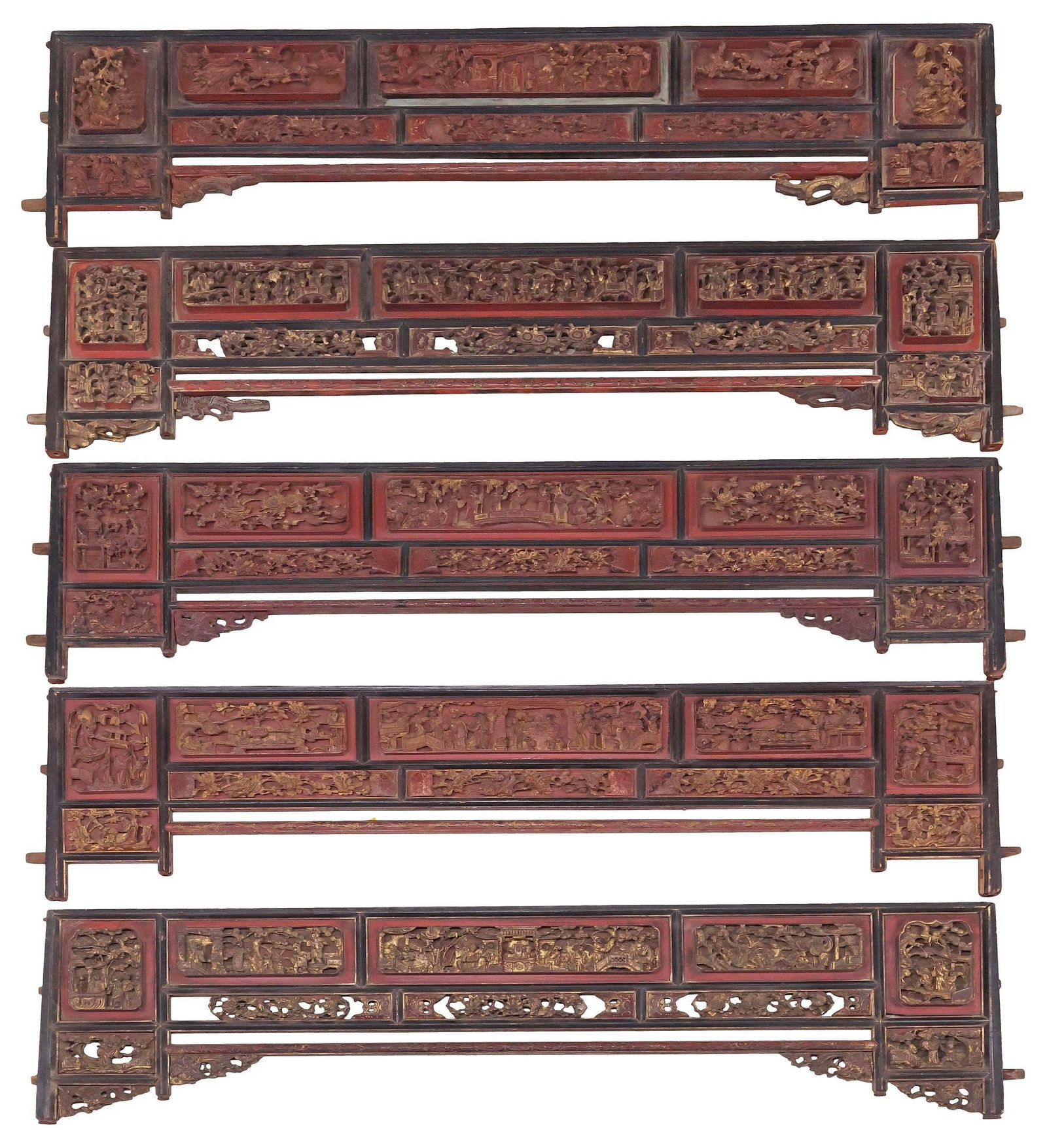 (5) LARGE CHINESE PARCEL-GILT LACQUERED & CARVED ARCHITECTURAL ELEMENTS, 83"L (1 of 5)