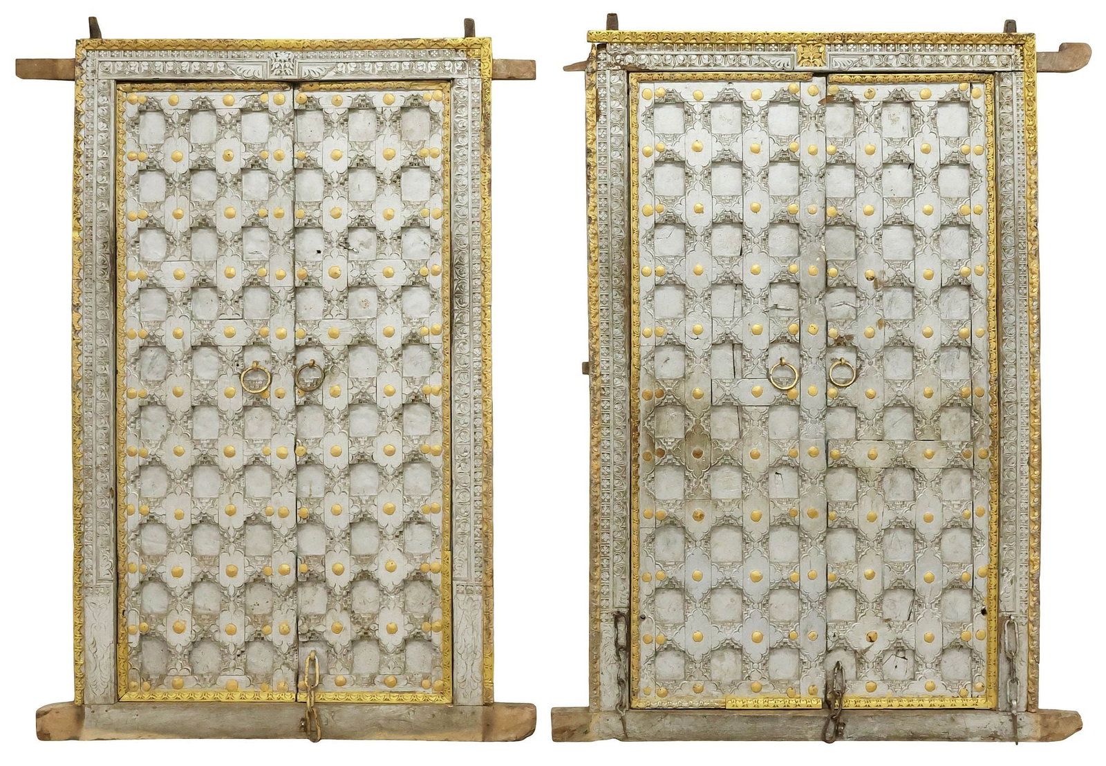 (2) LARGE ARCHITECTURAL CARVED & PAINTED WOOD WINDOWS, INDIA, 63.5"H (1 of 4)