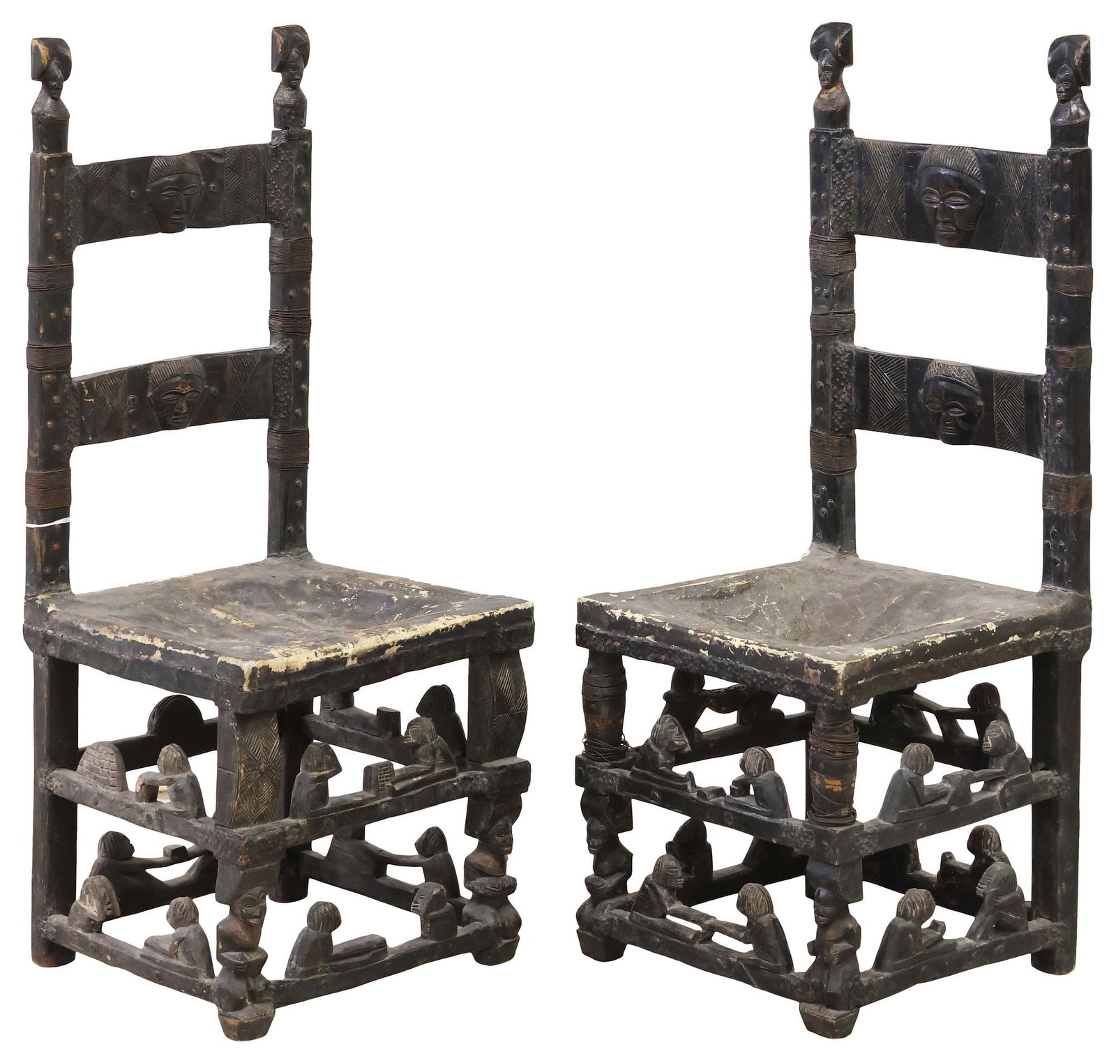 (2) AFRICAN CHOKWE METAL-CLAD & CARVED NGUNDJA CHIEFTAIN CHAIRS (1 of 8)