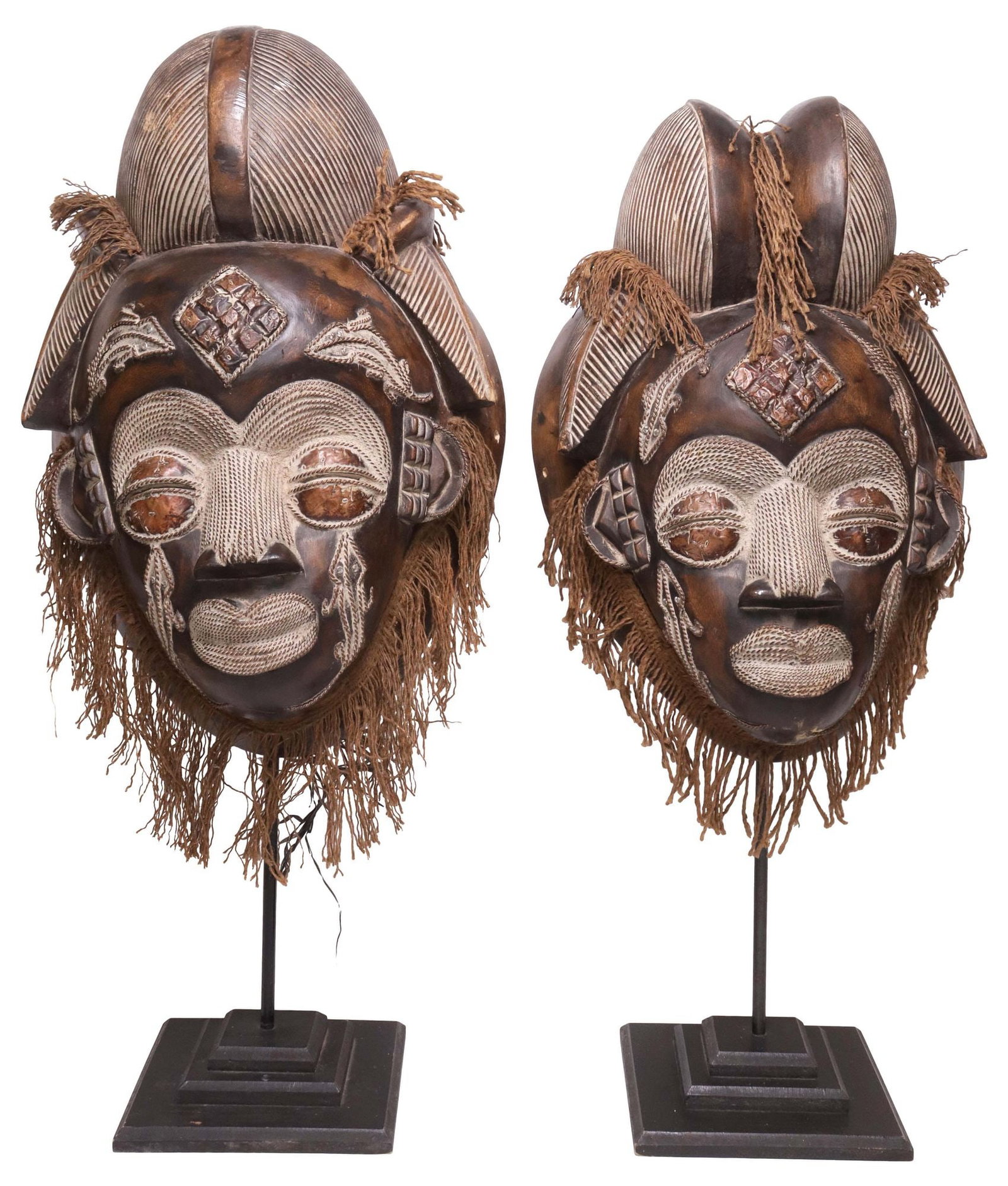 (2) LARGE AFRICAN GABONESE CARVED WOOD & COPPER PUNU MUKUDJ MASKS (1 of 5)