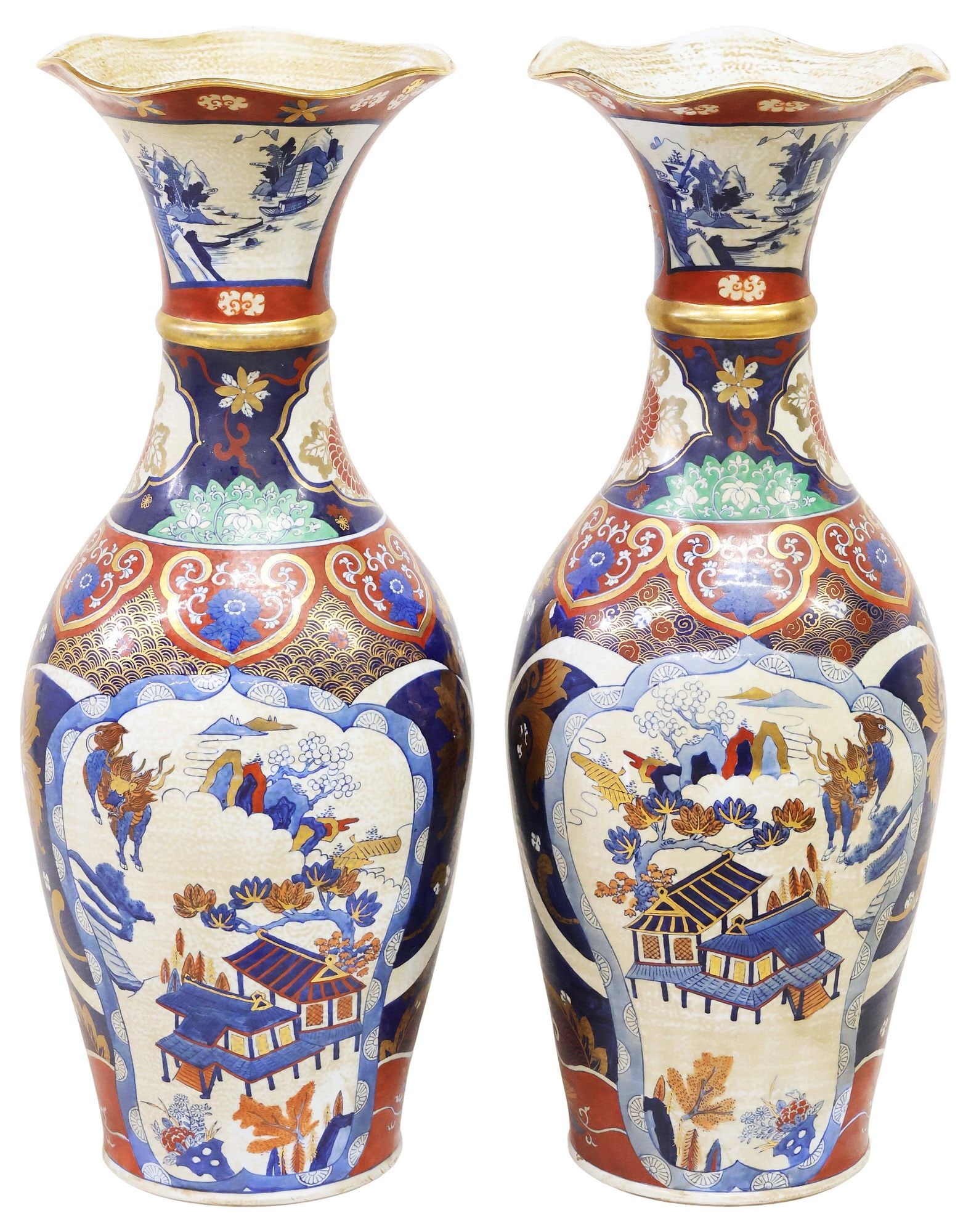 (2) JAPANESE IMARI-PALETTE PARCEL-GILT PORCELAIN FLOOR VASES, 33"H (1 of 6)