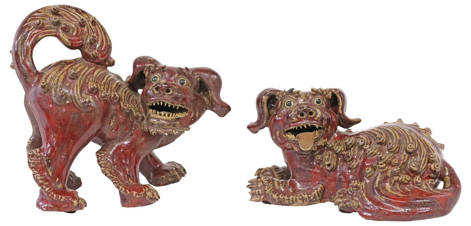 (2) CHINESE RED FLAMBE GLAZED EARTHENWARE GUARDIAN FOO LIONS (1 of 7)