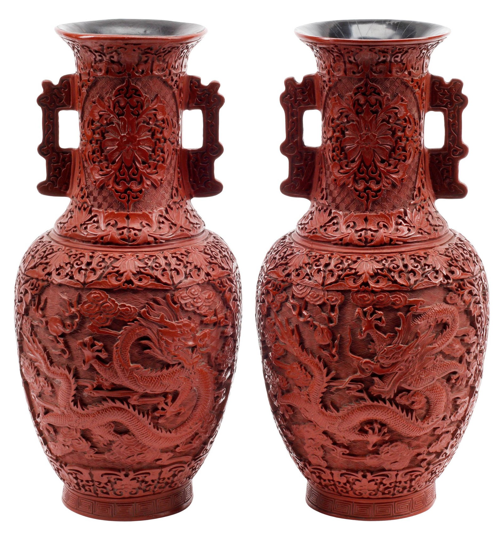 (2) CHINESE DECORATIVE RED DRAGON MOTIF VASES / URNS (1 of 5)
