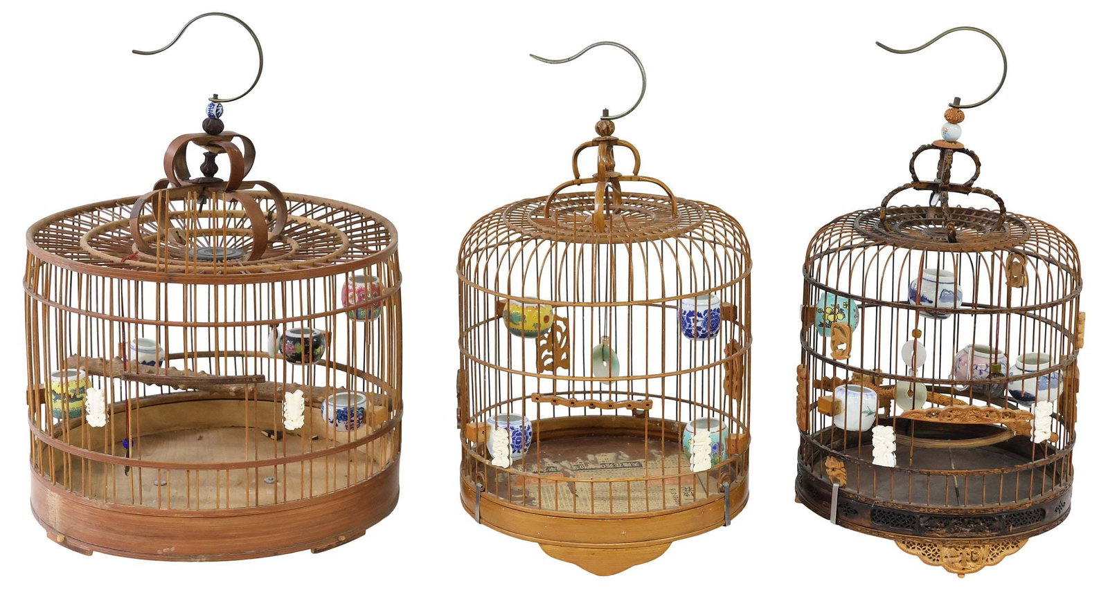 (3) CHINESE BAMBOO & HARDWOOD BIRDCAGES WITH PORCELAIN FEEDERS (1 of 6)