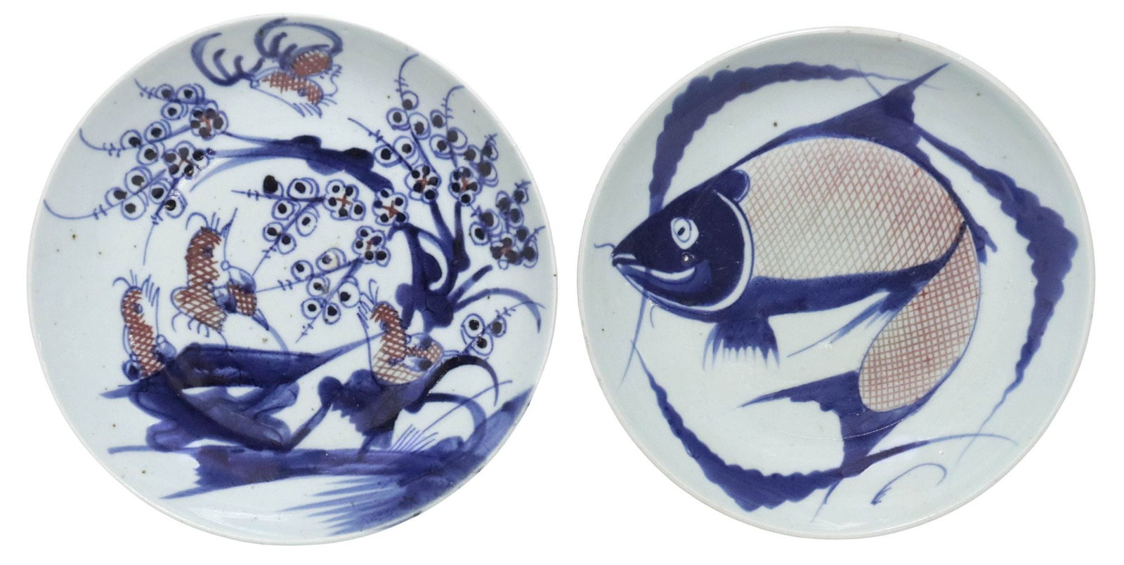 (2) CHINESE BLUE & IRON RED UNDERGLAZE PORCELAIN PLATES, FISH & FLOWERS (1 of 4)