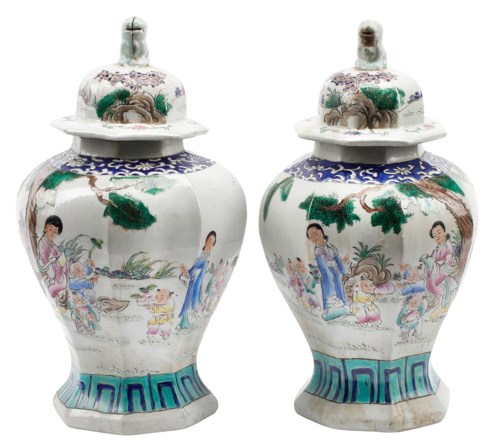 (2) CHINESE WUCAI PORCELAIN COVERED OCTAGONAL JARS (1 of 7)