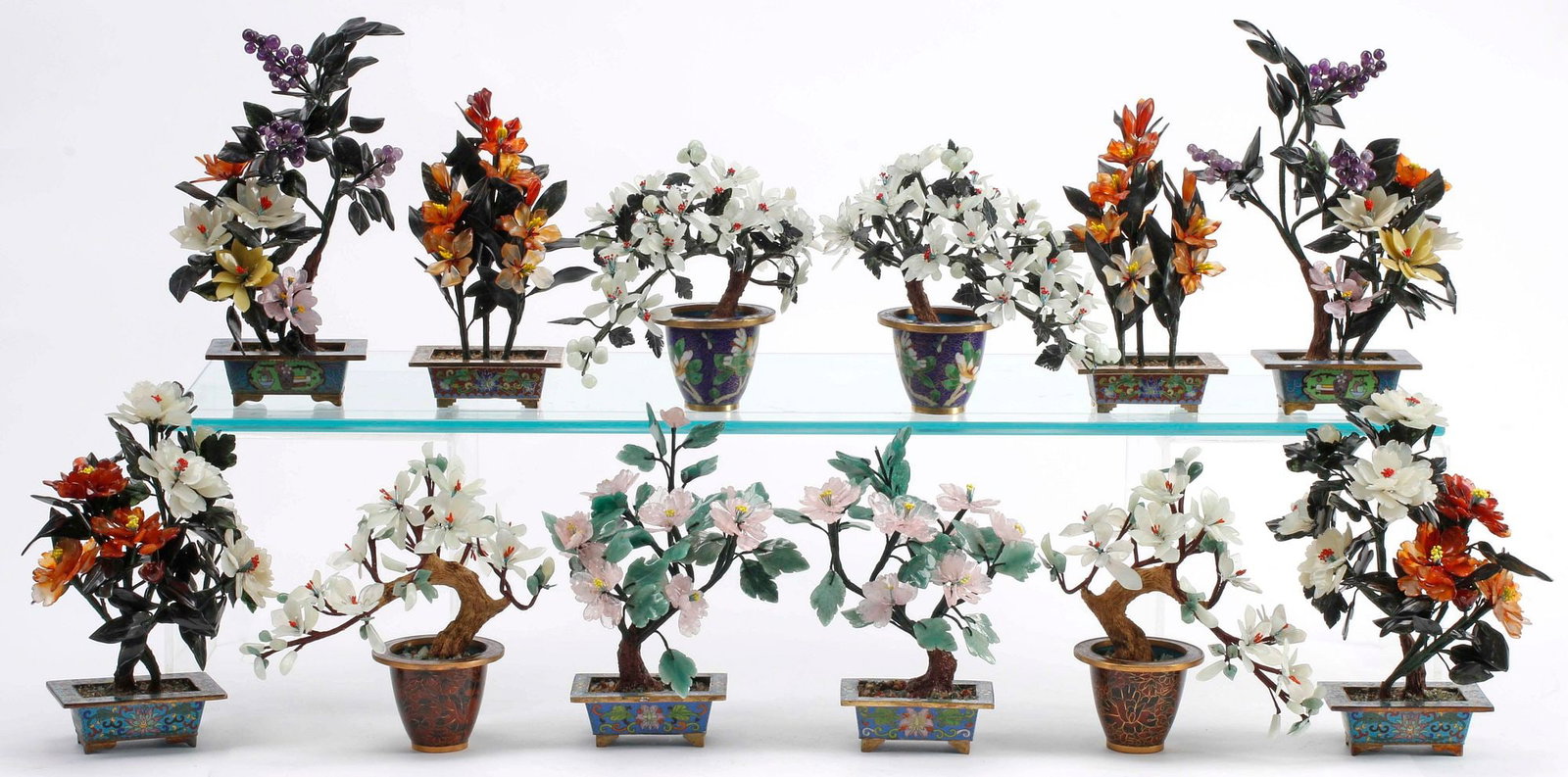 (12) CHINESE HARDSTONE FLOWERING TREES IN CLOISONNE PLANTERS (1 of 6)