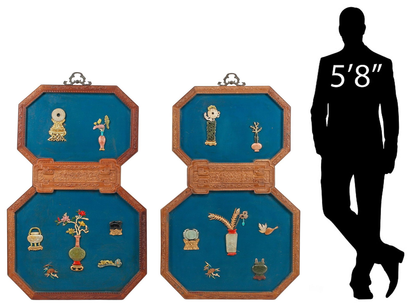 (2) CHINESE LACQUERED & HARDSTONE-MOUNTED RELIEF PLAQUES, 48"H (1 of 7)