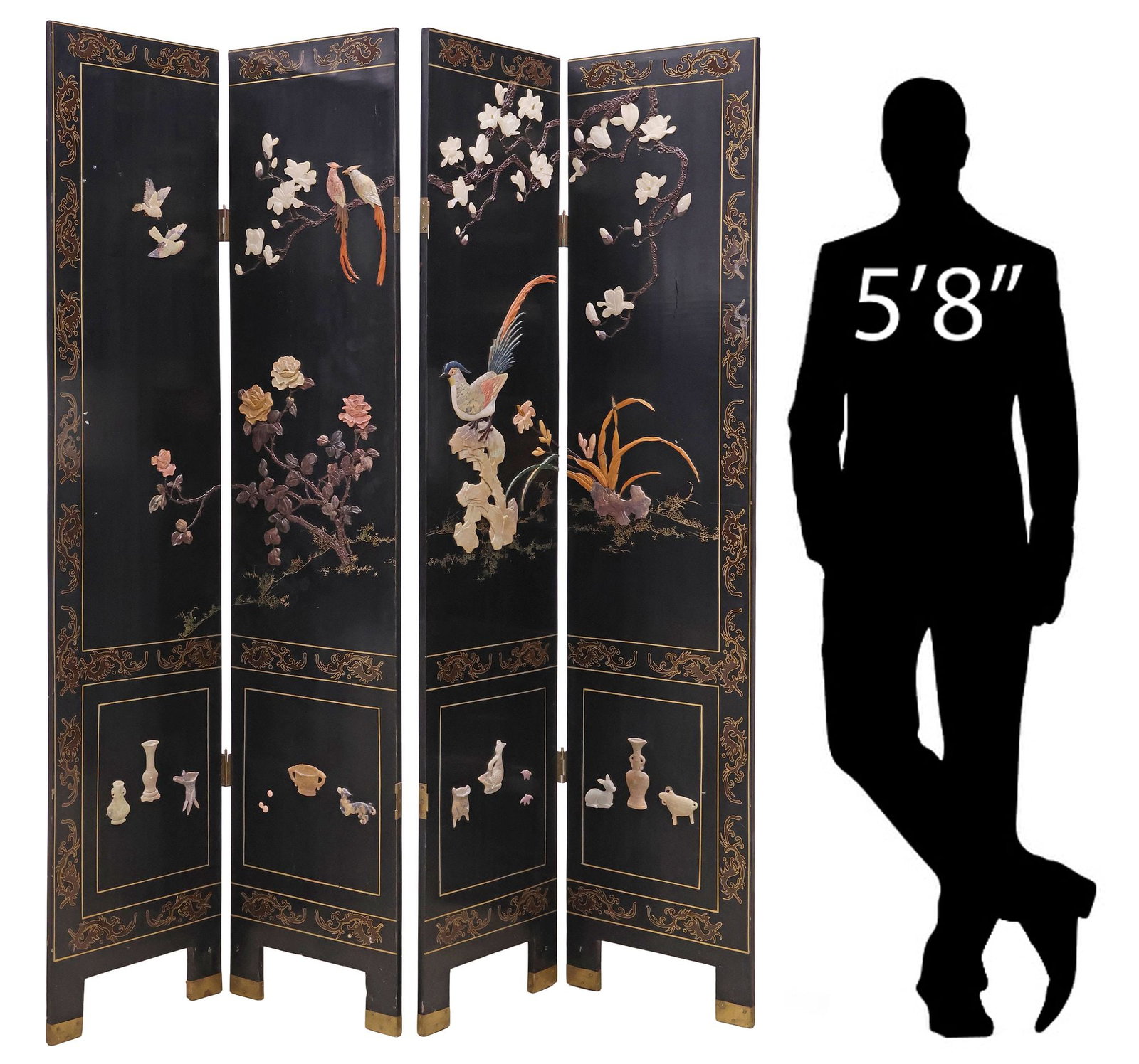 CHINESE PARCEL-GILT & HARDSTONE-MOUNTED 4-PANEL FOLDING SCREEN, 72"H (1 of 8)