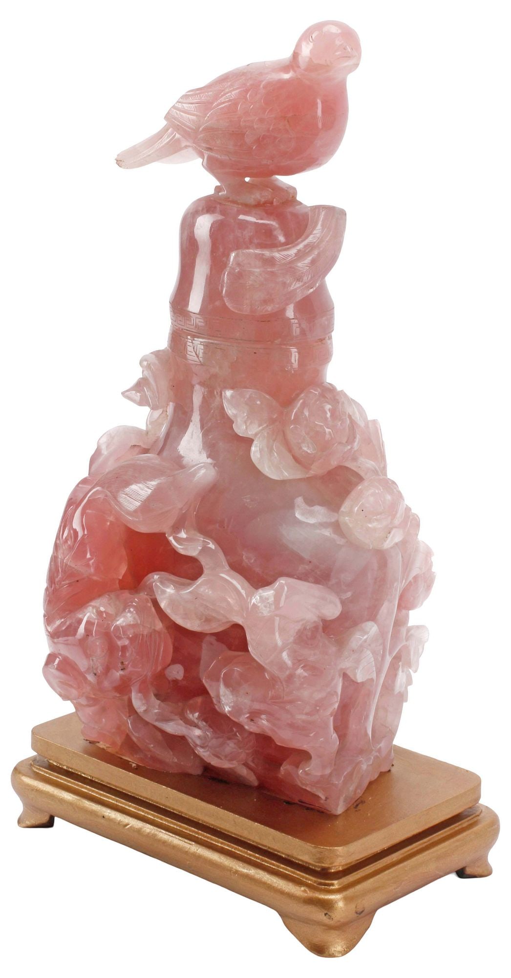 LARGE CHINESE CARVED ROSE QUARTZ COVERED VASE ON WOOD STAND, 19"H (1 of 6)