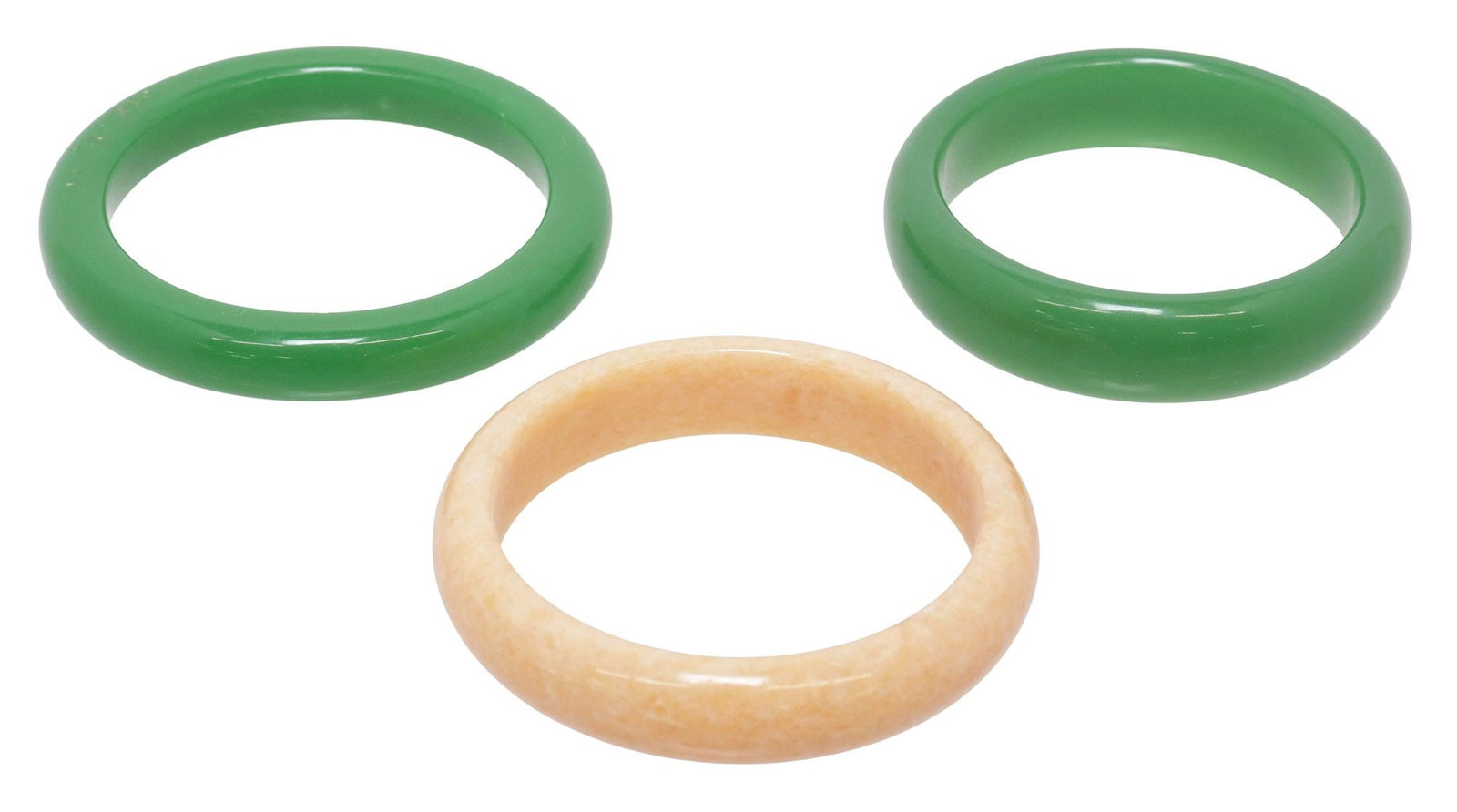 (3) CHINESE GREEN & CRYSTALLINE ORANGE HARDSTONE BANGLE BRACELETS (1 of 3)