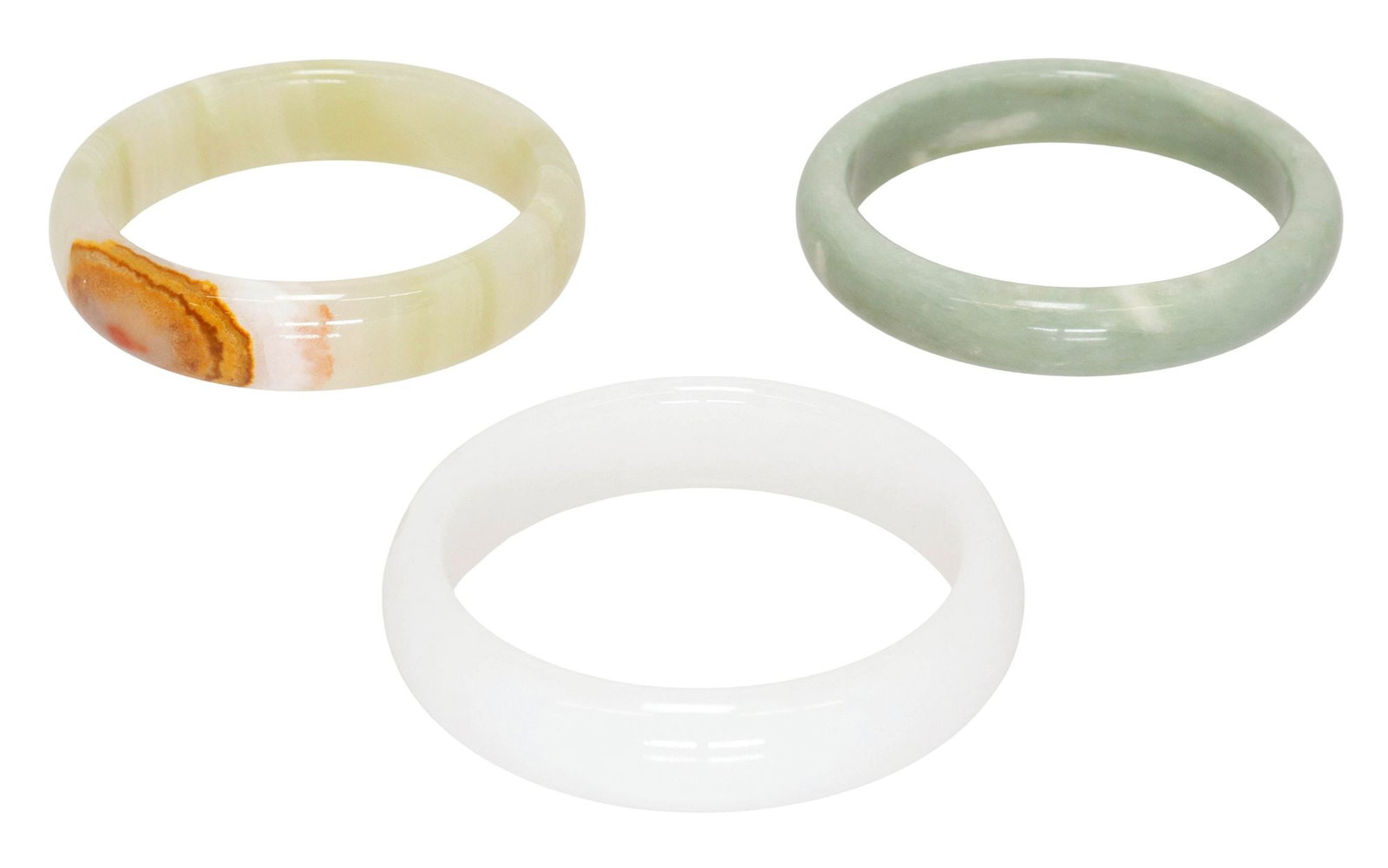 (3) CHINESE ONYX, GREEN & WHITE HARDSTONE BANGLE BRACELETS (1 of 3)