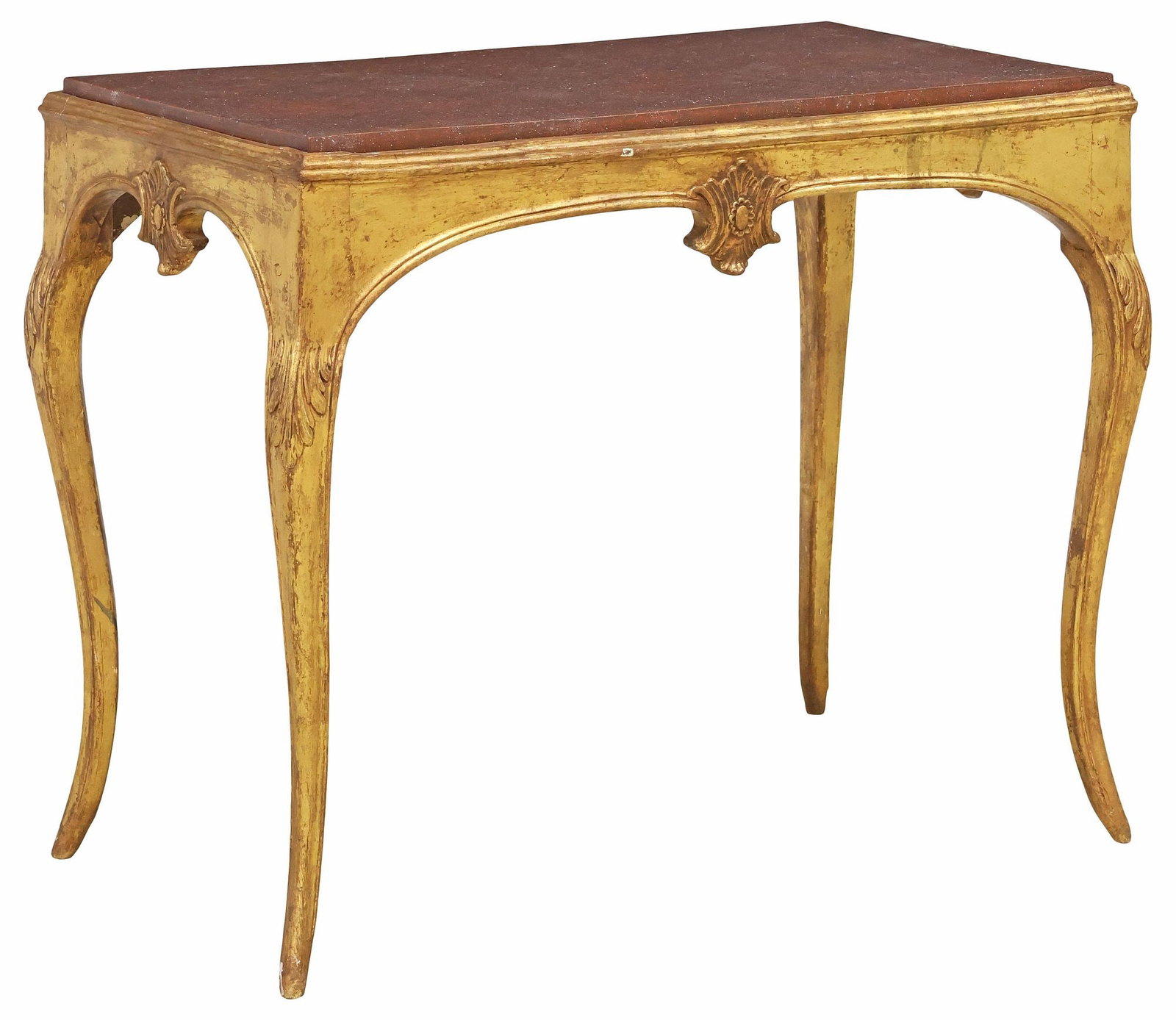 LOUIS XV PERIOD CARVED GILTWOOD SALON TABLE: Louis XV carved giltwood salon table, 18th c., having inset faux porphyry top, rising on cabriole legs, later painted finish, approx 29"h, 35.75"w, 20.25"d **Provenance: Dalla