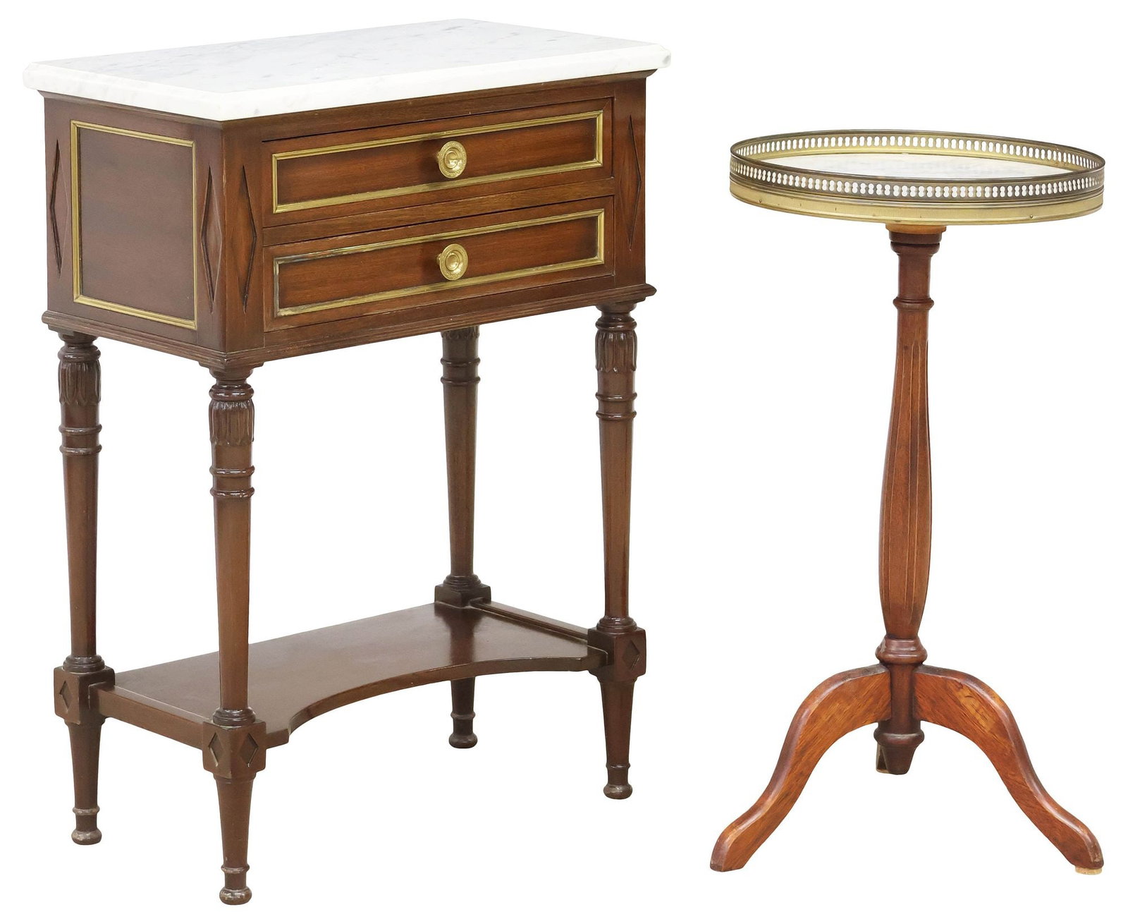 (2) FRENCH LOUIS XVI STYLE MARLE-TOP MAHOGANY NIGHTSTAND & SIDE TABLE (1 of 5)