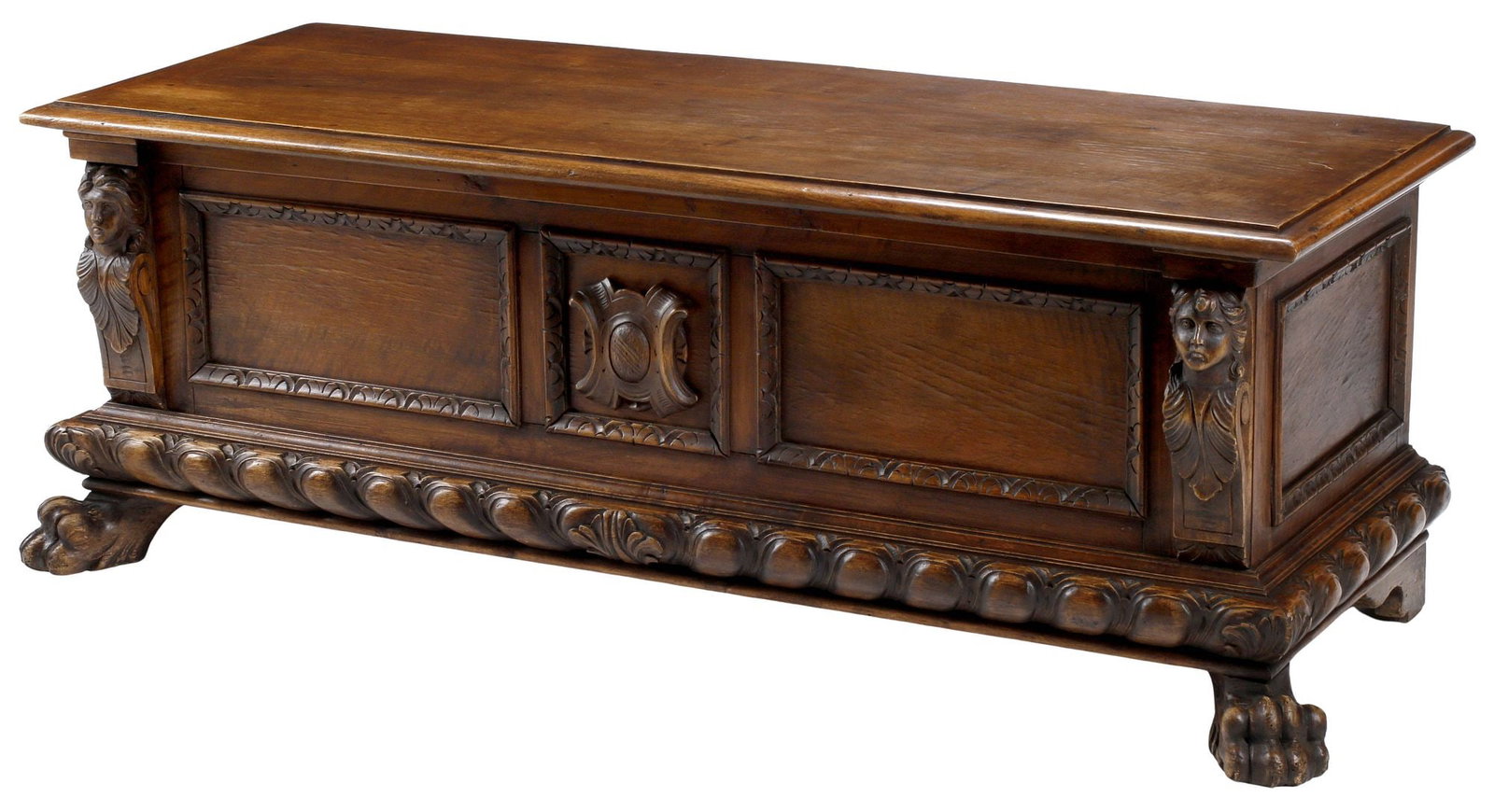 RENAISSANCE STYLE CARVED WALNUT CASSONE / STORAGE TRUNK (1 of 6)