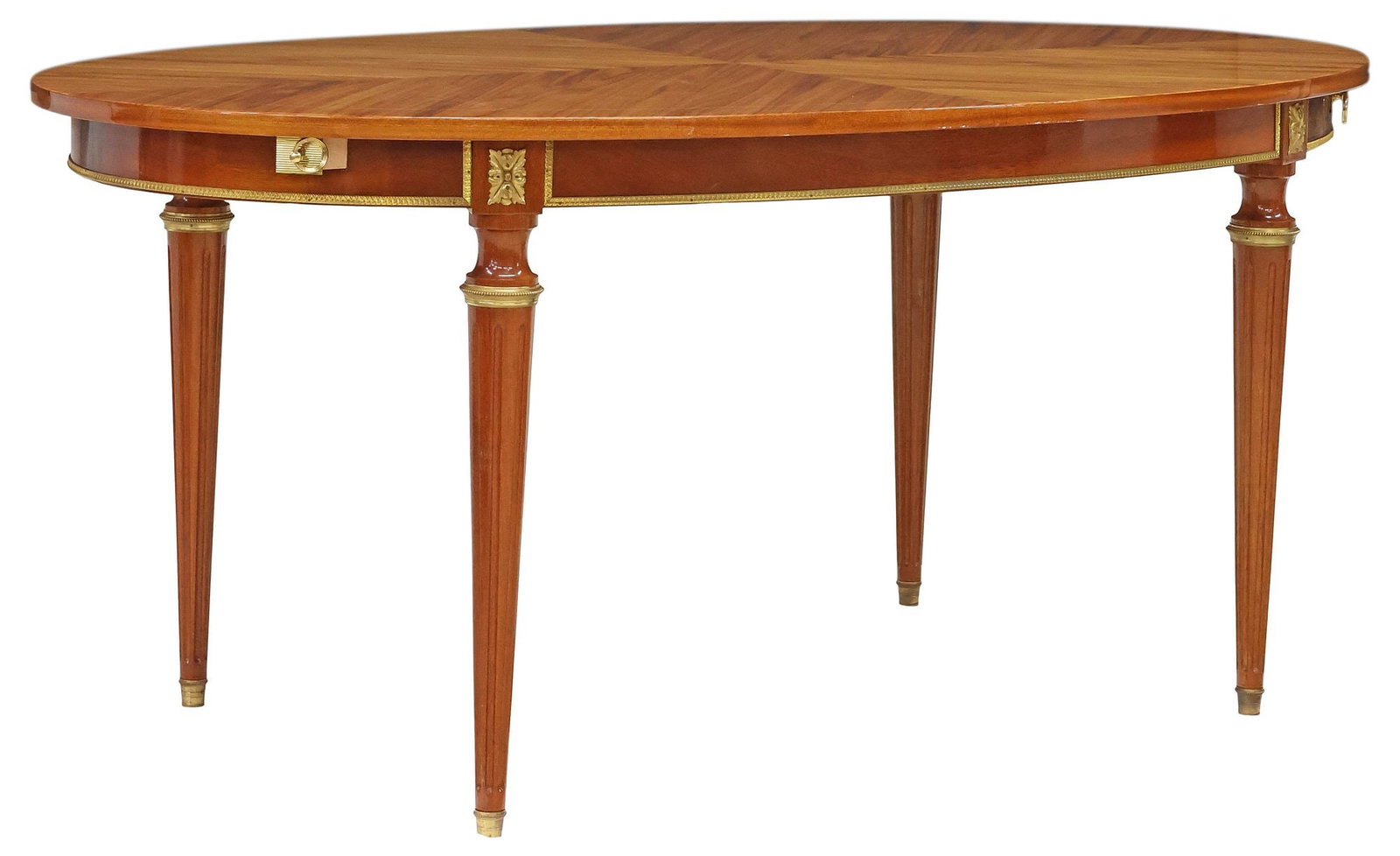 FRENCH LOUIS XVI STYLE INLAID & LACQUERED EXTENSION DINING TABLE: French Louis XVI style matched veneer extension dining table, 20th c., ovular top with stringwork trim, rising on tapering fluted legs, ending on brass cap feet, accompanied by two elliptical leaves,