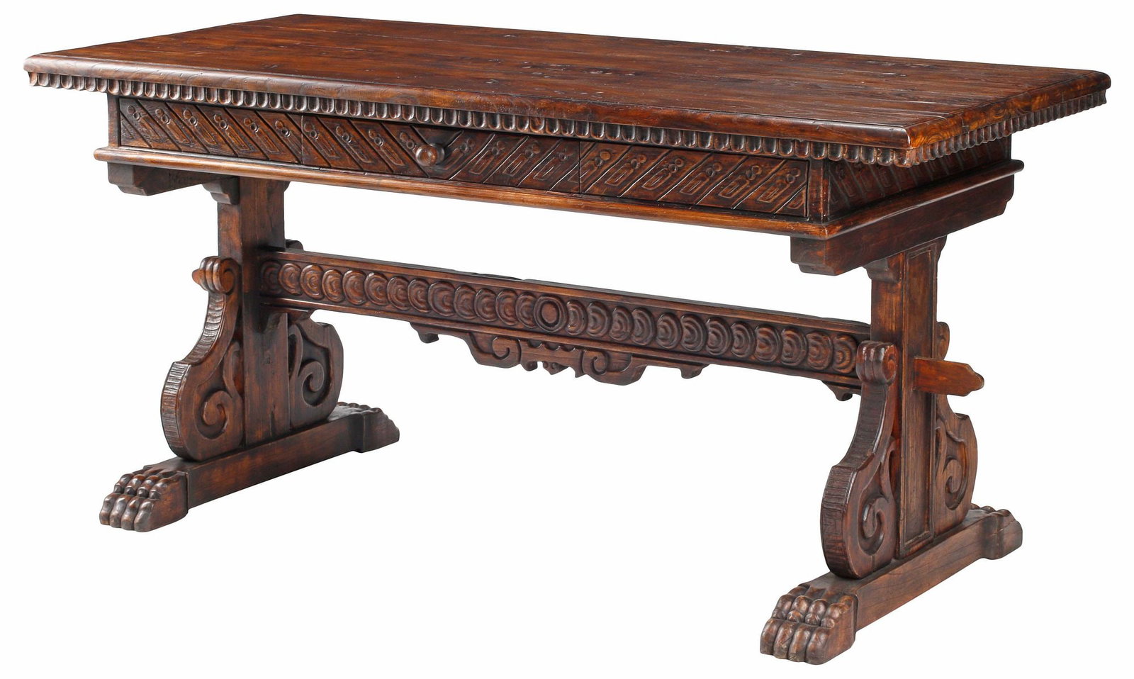 RENAISSANCE STYLE CARVED WOOD 1-DRAWER TRESTLE TABLE (1 of 5)