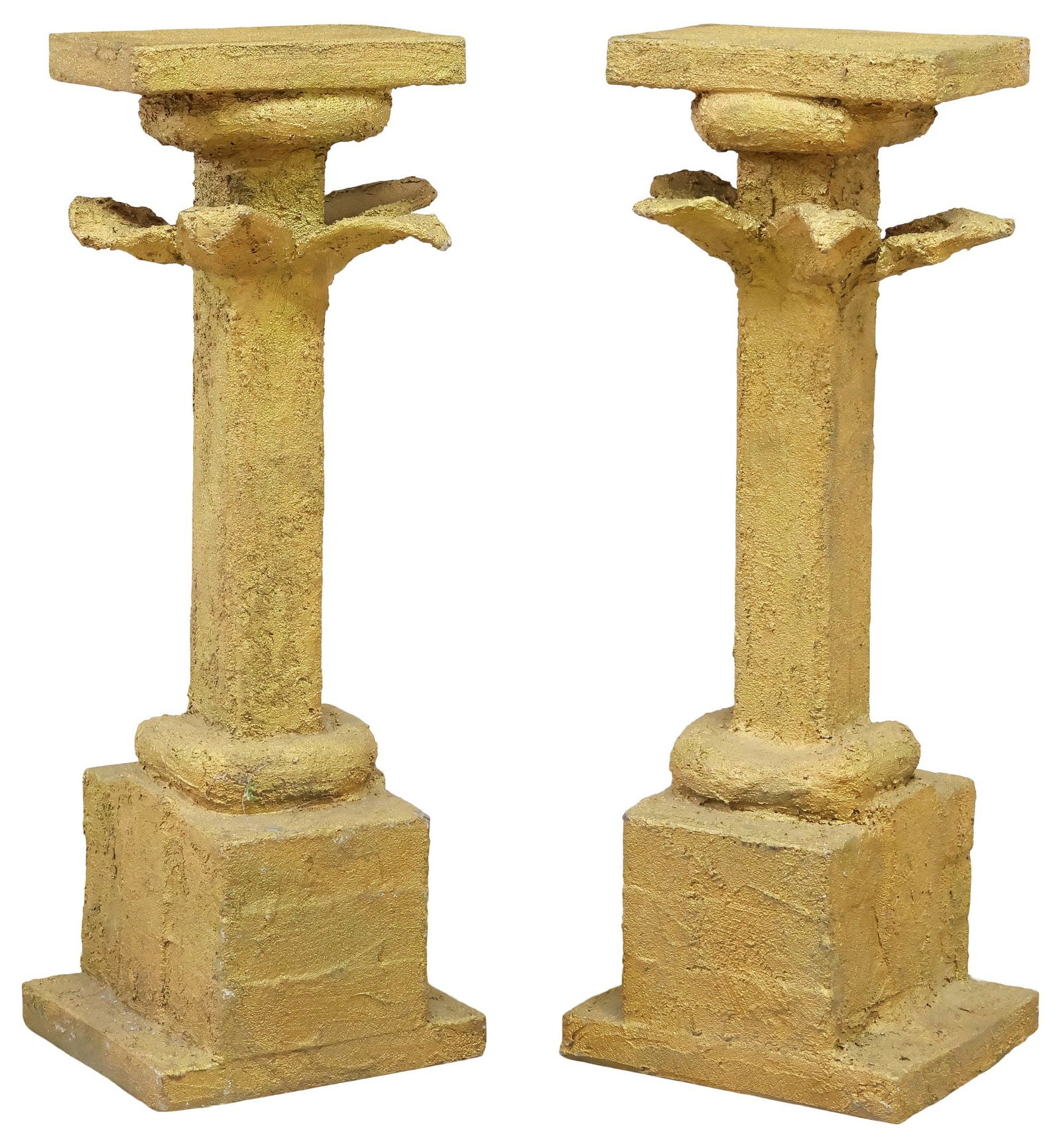 (2) FAUX STONE GILT-PAINTED WOOD PEDESTALS / DISPLAY STANDS: (pair) Faux stone pedestals, 20th c., wood in a textured gold finish, on a rectangular base, approx 33"h, 12.5"w, 11.5"d **Provenance: Treasures from the vaults of a Dallas designer**