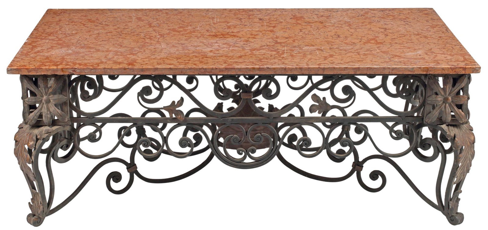 SPANISH-STYLE WROUGHT IRON & ROSSO VERONA MARBLE COFFEE TABLE (1 of 4)