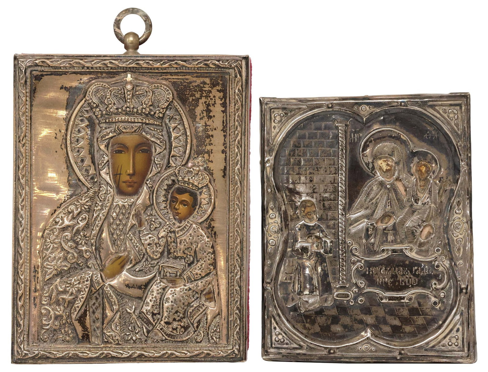 (2) RUSSIAN ORTHODOX SILVER OKLAD RELIGIOUS TRAVEL ICONS (1 of 5)