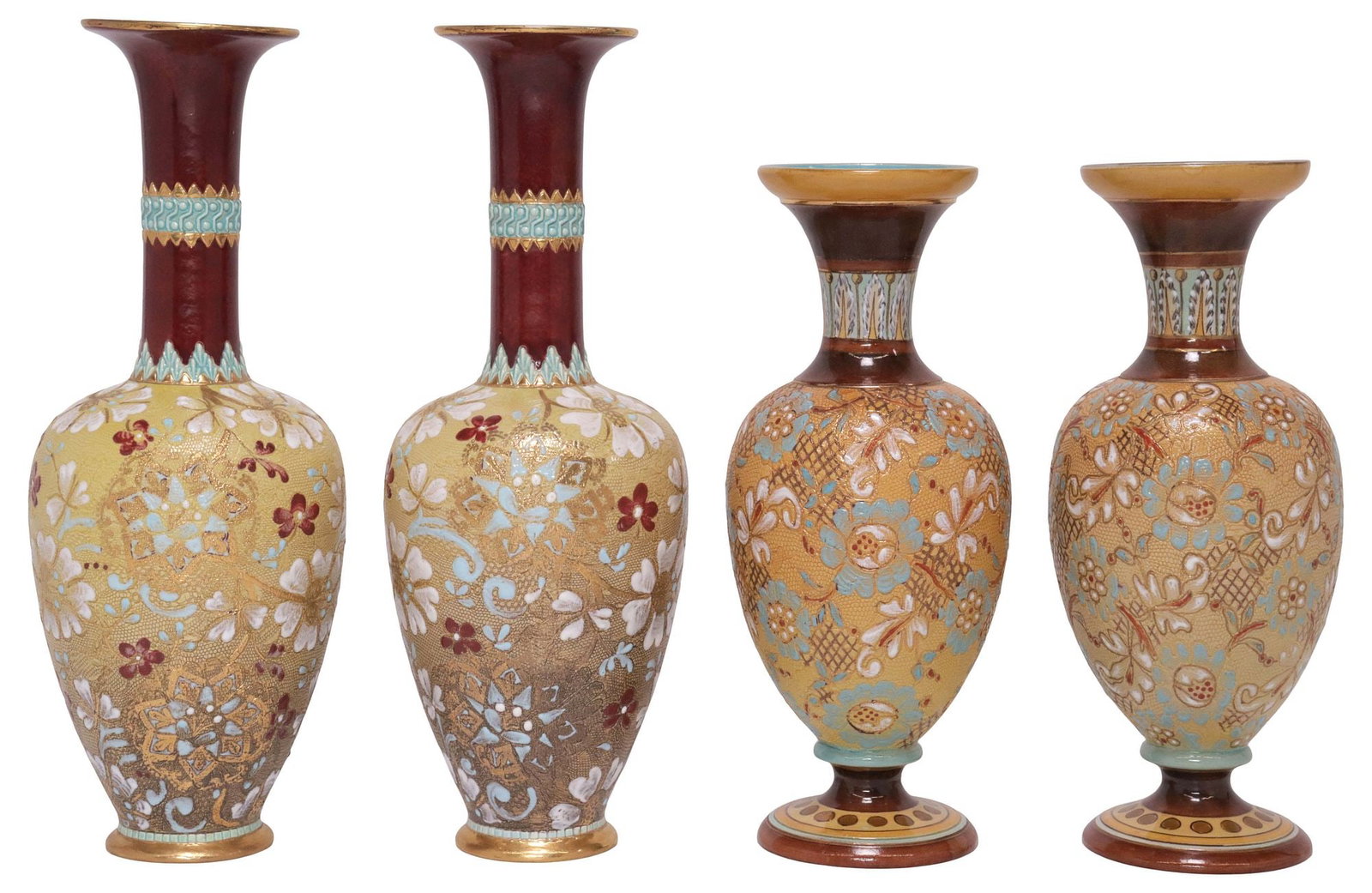 (4) ENGLISH DOULTON LAMBETH SLATERS PATENT GILDED LACE VASES (1 of 6)