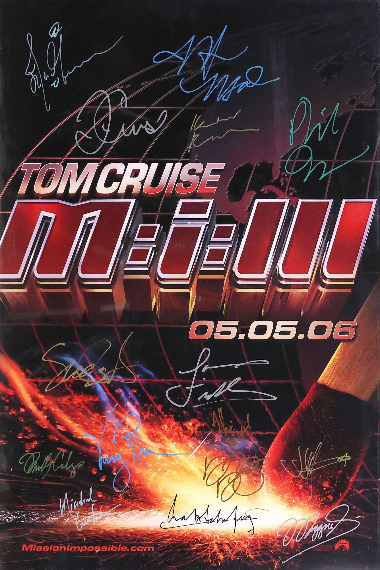 FRAMED 'MISSION IMPOSSIBLE III' AUTOGRAPHED MOVIE POSTER WITH COA: Framed movie poster, "Mission Impossible III," 2006, signed by fifteen cast members highlights include Tom Cruise, Philip Seymour Hoffman, and JJ Abrams, accompanied by COA issued by The Autograph Sou