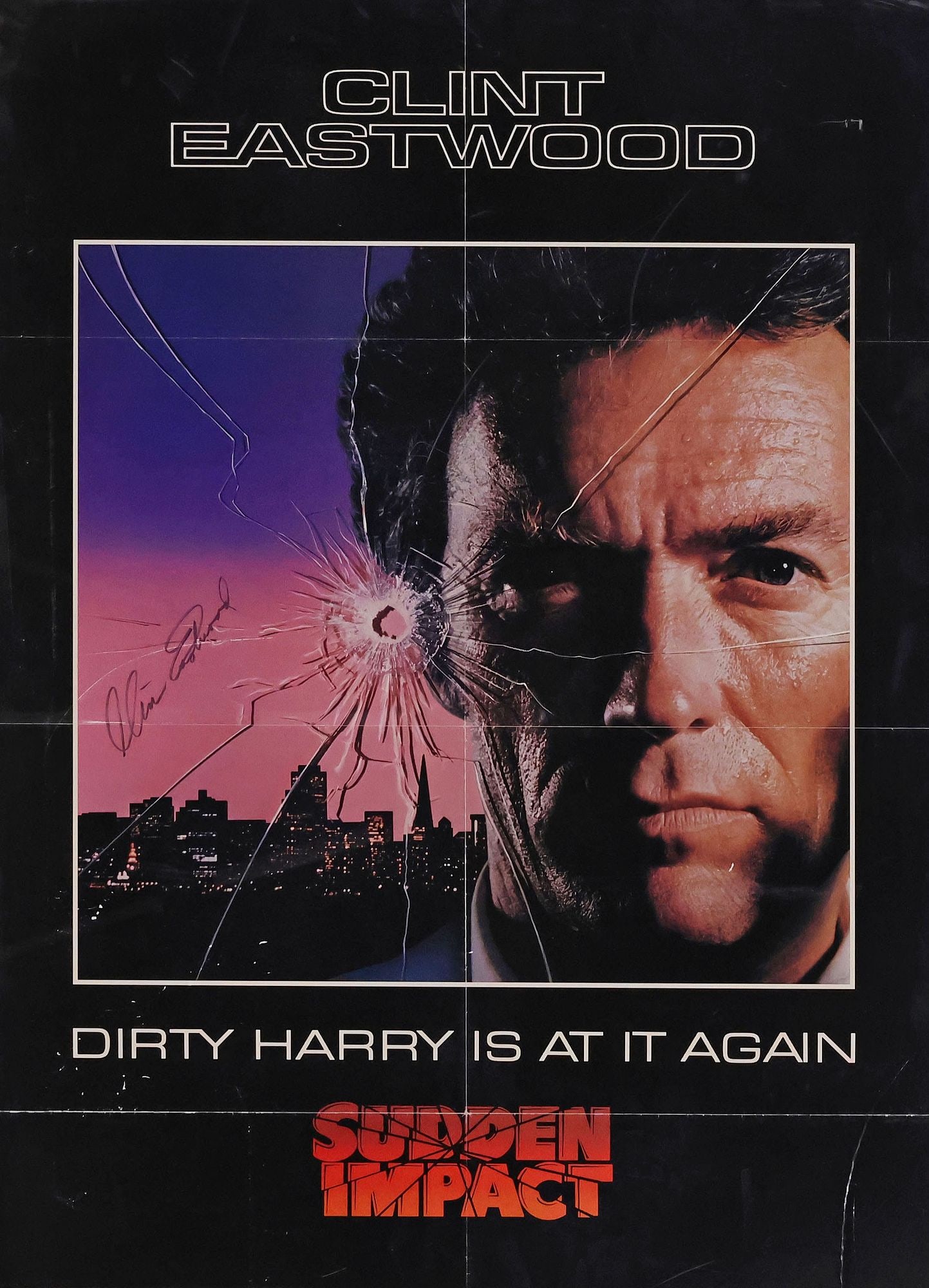 CLINT EASTWOOD SIGNED 'SUDDEN IMPACT' FRAMED MOVIE POSTER WITH COA: Framed movie poster, "Sudden Impact," 1983, signed by Clint Eastwood, accompanied by COA issued by The Autograph Source, Aspen Colorado, sight: approx 39.25"h, 26.25"w, overall: approx 40"h, 27"w, 2.5