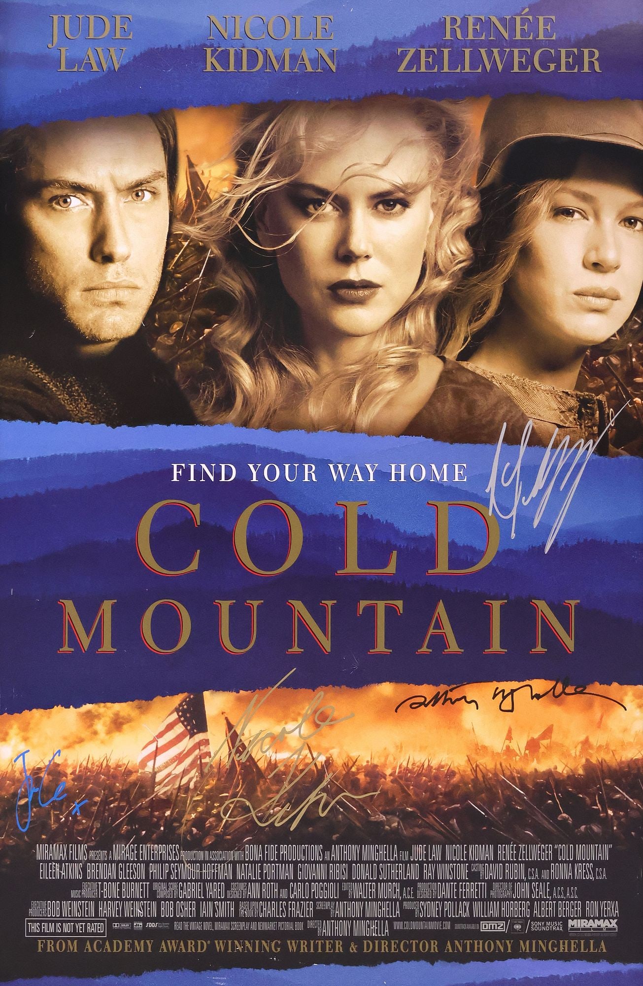 FRAMED 'COLD MOUNTAIN' AUTOGRAPHED MOVIE POSTER: Framed movie poster, "Cold Mountain," 2003, signed by four cast members, highlights include: Jude Law and Nicole Kidman, frame lacking glass, sight: approx 39.5"h, 26.5"w, overall: approx 41.5"h, 28.5