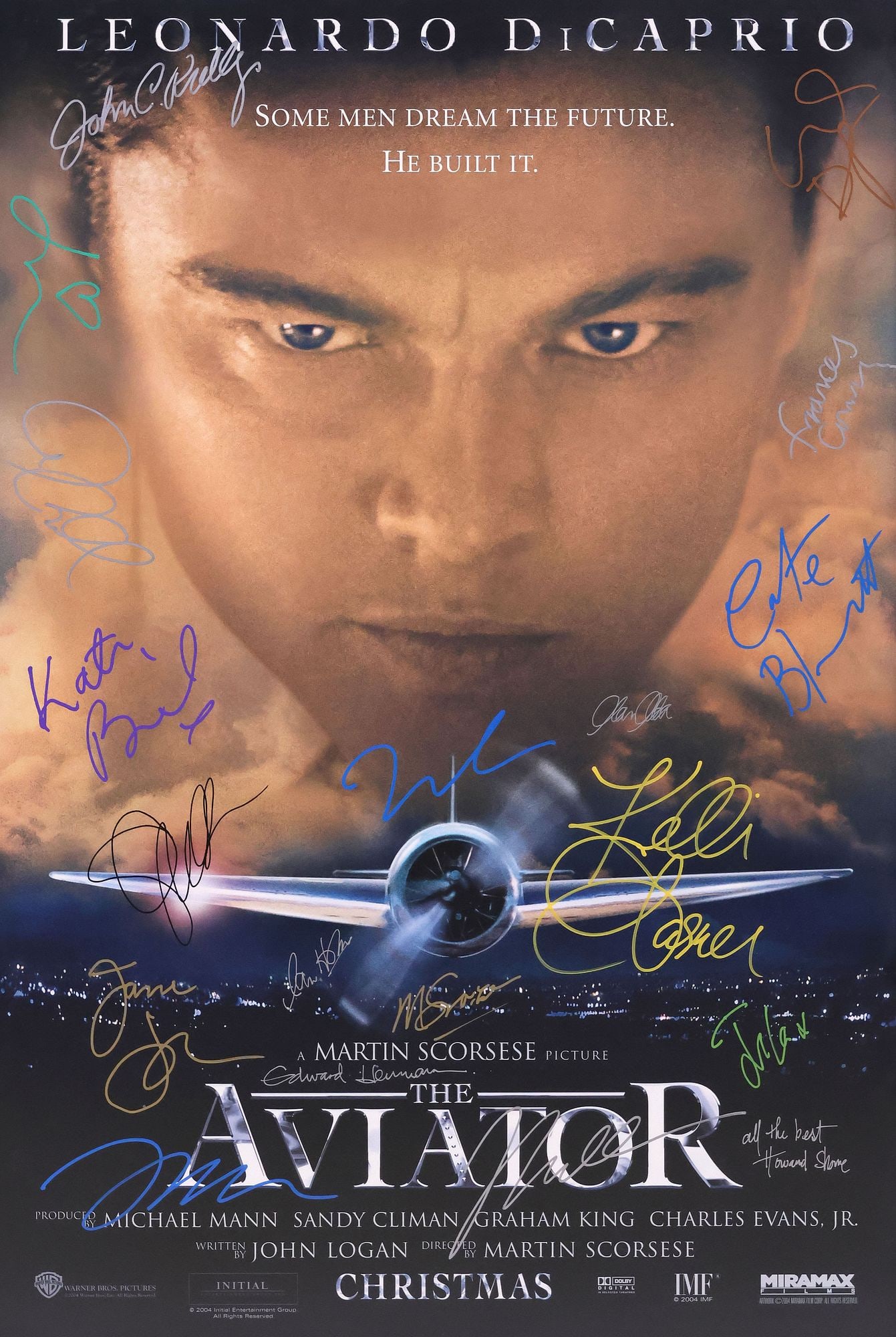 FRAMED 'THE AVIATOR' AUTOGRAPHED MOVIE POSTER WITH COA: Framed movie poster, "The Aviator," 2004, signed by various cast members and the director, highlights include: Martin Scorsese, Cate Blanchett, and John C. Reilly, sight: approx 39.5"h, 26.5"w, overal