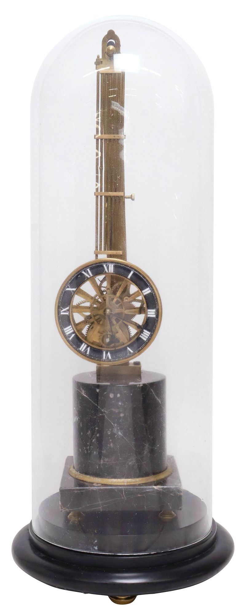 FRENCH HUGUENIN PARIS SUSPENDED-MOVEMENT SKELETON CLOCK IN CLOCHE (1 of 5)