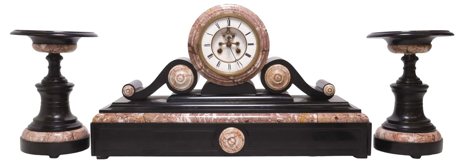 (3) FRENCH NAPOLEON III SLATE & MARBLE MANTEL CLOCK & TAZZA GARNITURE SET (1 of 6)