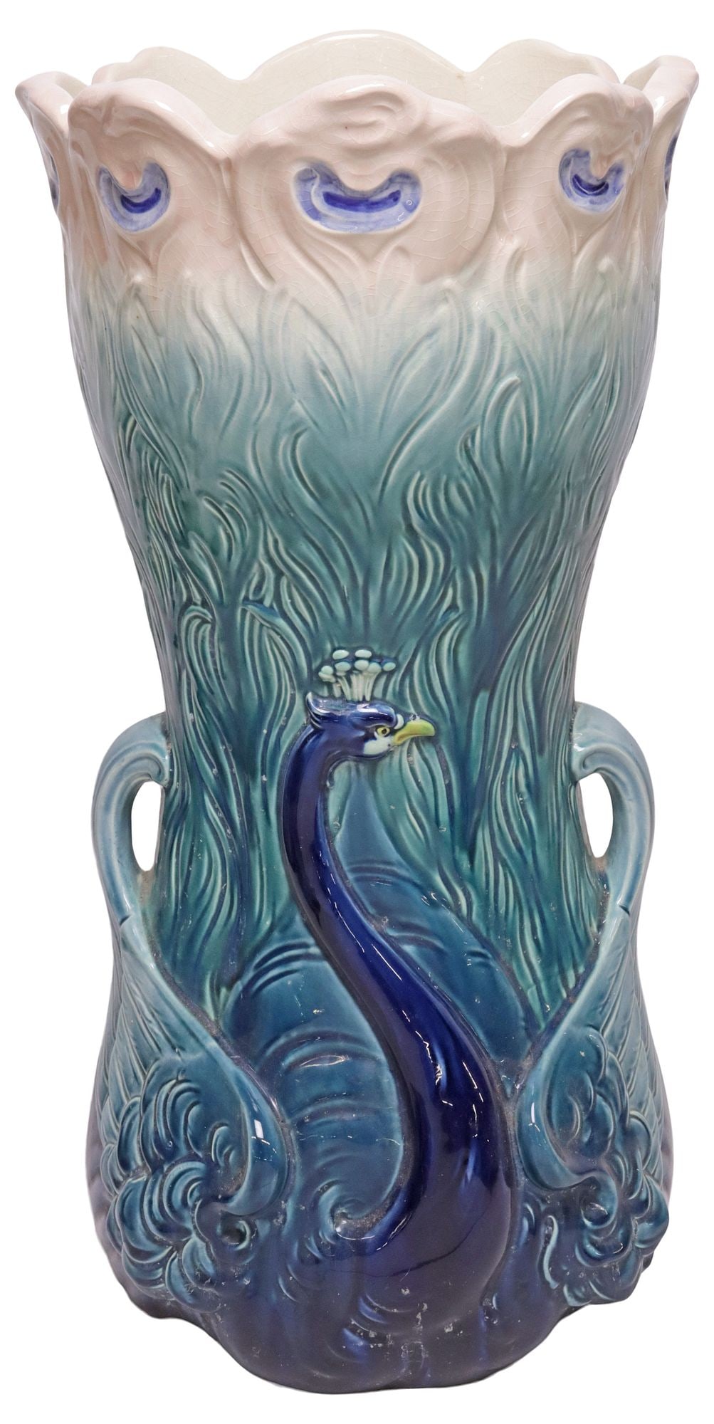 FRENCH GUSTAVE DE BRUYN ART NOUVEAU MAJOLICA PEACOCK FLOOR VASE (1 of 5)