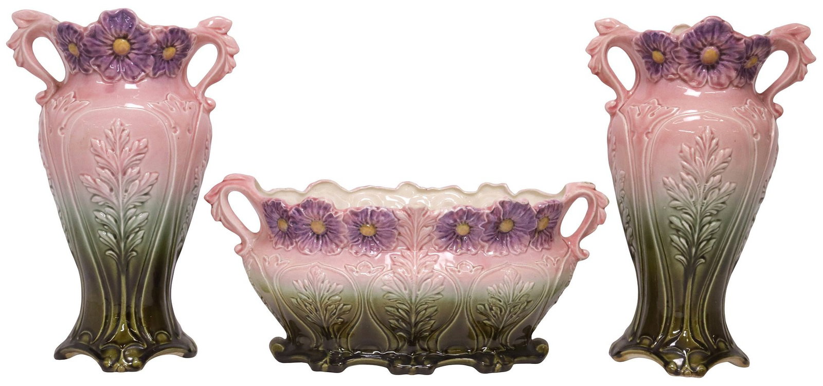 (3) FRENCH ART NOUVEAU MAJOLICA GARNITURE VASES & PLANTER SET: (lot of 3) French Art Nouveau period tin-glazed earthenware garniture set, early 20th c., each in an ombre pink and green glaze, with relief-molded foliates and floral motifs, impressed numeral 516